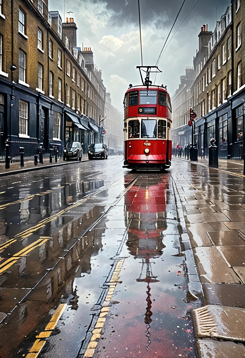 Red tram on London streets, old London, retro photo, nineteenth century, masterpiece, high resolution, very detailed, Cloudy, damp, wet stone pavements, HD quality