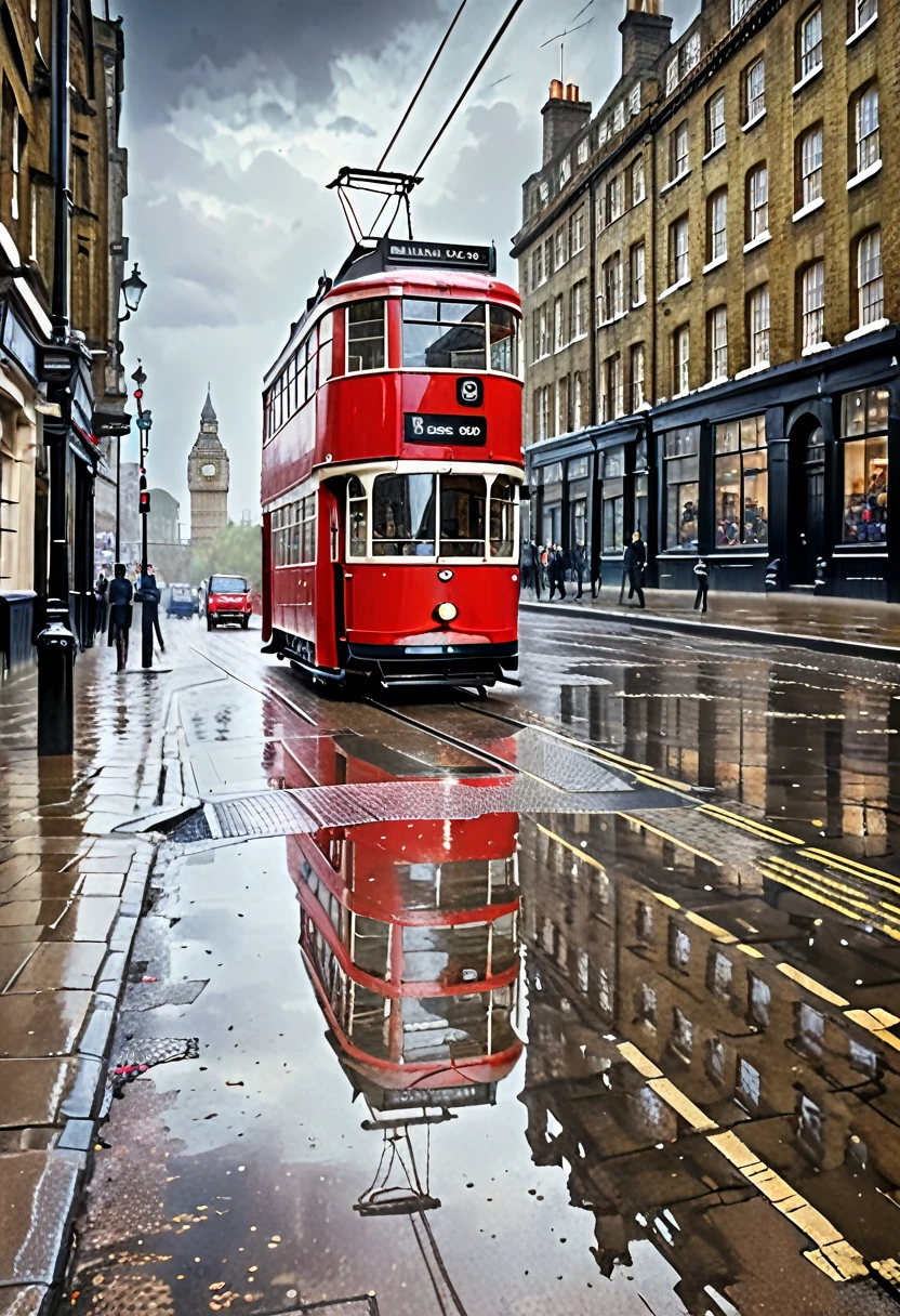 Red tram on London streets, old London, retro photo, nineteenth century, masterpiece, high resolution, very detailed, Cloudy, damp, wet stone pavements, HD quality