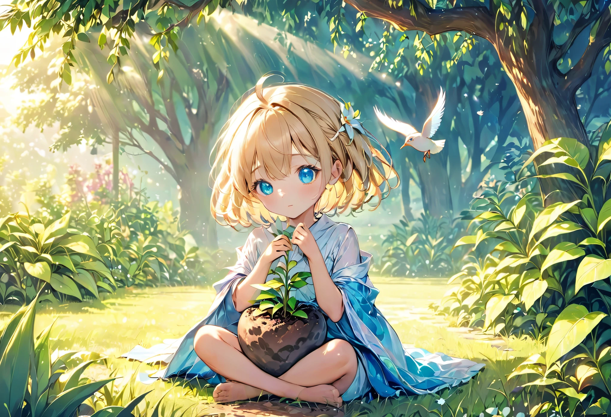 ((Very detailed), Grass, nature, bird, morning, green, splash, emissive, lights), ((Cinematic), Gradation, Warm and soft lighting), ((Ultra-detailed, Beautiful Face, 1 girl), one girl, Very detailed, whole body, cute, Beautiful eyes drawn in detail, short hair, white hair, blonde hair, multicolored hair, blue eyes, ennui, Beautiful Hands, Fluttering Hair, Wrap by hand, Adorable, holding a plant in hand)), 土のついたSmall plantsを手に持っている人, nitrogen-rich soil, permaculture, the source of future growing up, Moe, organic growing up, sustainability, Gently caressing the earth, Embracing the Earth, Plant roots, Horticulture, A Thriving Ecosystem, growing up, Small plants, Environmentally friendly