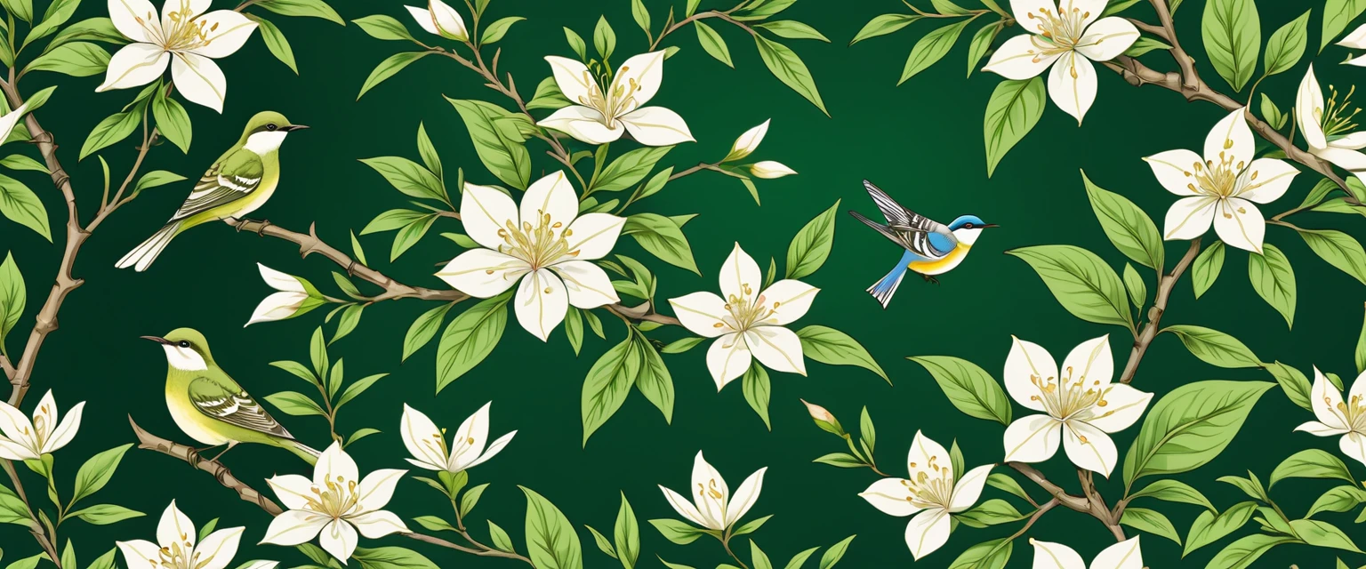 Kraft background：Beautiful and detailed tea tree jasmine flower and bird pattern, intricate floral design, Delicate petals,  Lush green tea trees, Dynamic Synthesis, Focus on focus, (best quality,4K,8K,high resolution,masterpiece:1.2),Extremely detailed,(Practical,photoPractical,photo-Practical:1.37),The art of math,illustration,Light and soft