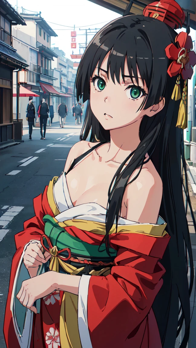  (High resolution:1.4), (masutepiece:1.2), (High quality:1.3) 1girl, saten ruiko, green eyes, long hair, black hair, small breast, Oiran fashion, The city of Kyoto, cinematic lighting,  pov, dynamic angle, off shoulder,