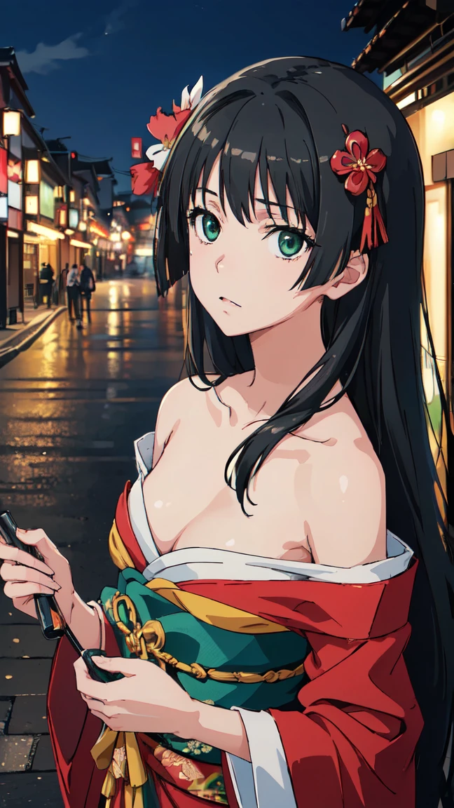  (High resolution:1.4), (masutepiece:1.2), (High quality:1.3) 1girl, saten ruiko, green eyes, long hair, black hair, small breast, Oiran fashion, The city of Kyoto, cinematic lighting,  pov, dynamic angle, off shoulder,