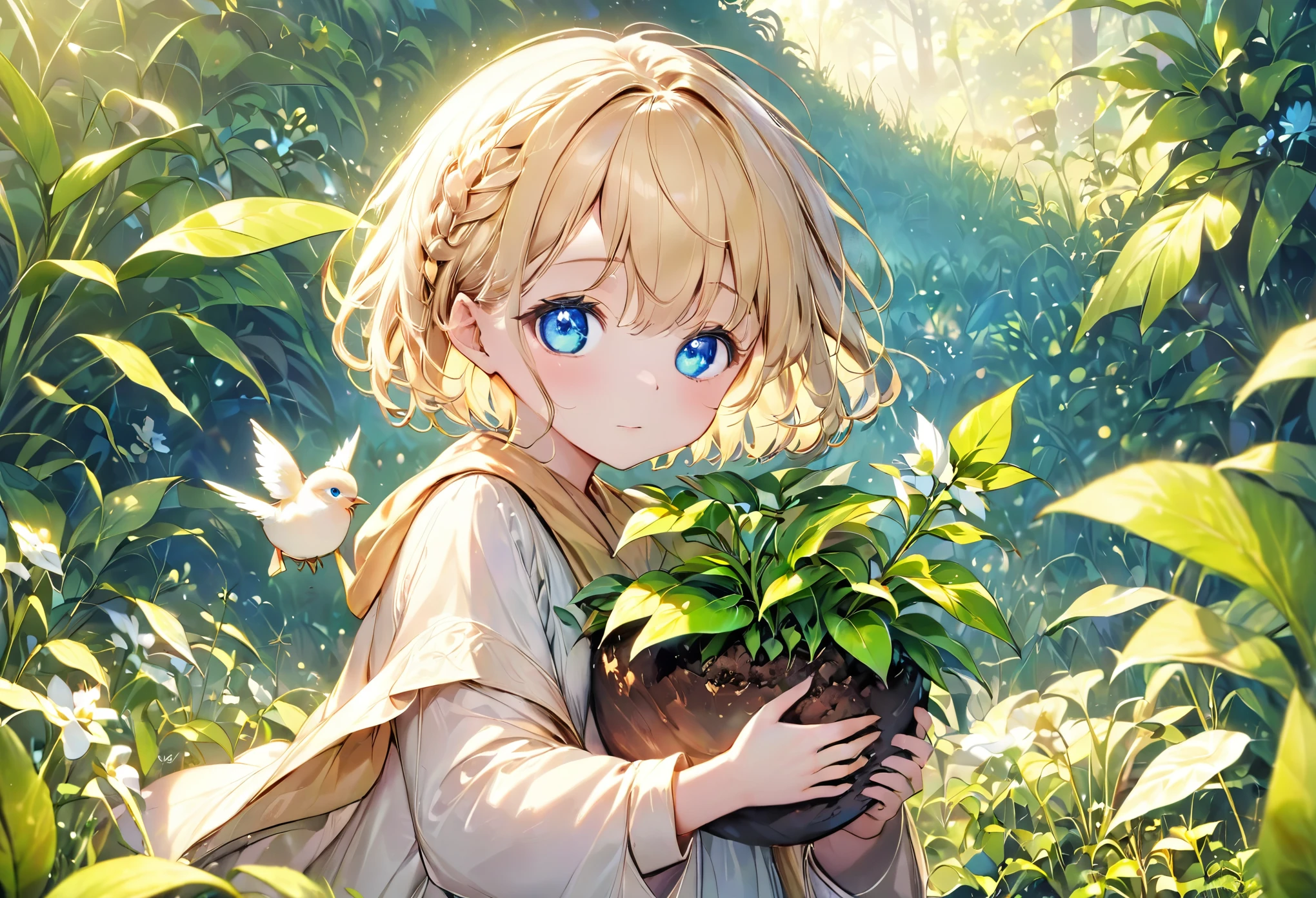 ((Very detailed), Grass, nature, bird, morning, green, splash, emissive, lights), ((Cinematic), Gradation, Warm and soft lighting), ((Ultra-detailed, Beautiful Face, 1 girl), one girl, Very detailed, whole body, cute, Beautiful eyes drawn in detail, short hair, white hair, blonde hair, multicolored hair, blue eyes, ennui, Beautiful Hands, Fluttering Hair, Wrap by hand, Adorable, holding a plant in hand)), 土のついたSmall plantsを手に持っている人, nitrogen-rich soil, permaculture, the source of future growing up, Moe, organic growing up, sustainability, Gently caressing the earth, Embracing the Earth, Plant roots, Horticulture, A Thriving Ecosystem, growing up, Small plants, Environmentally friendly