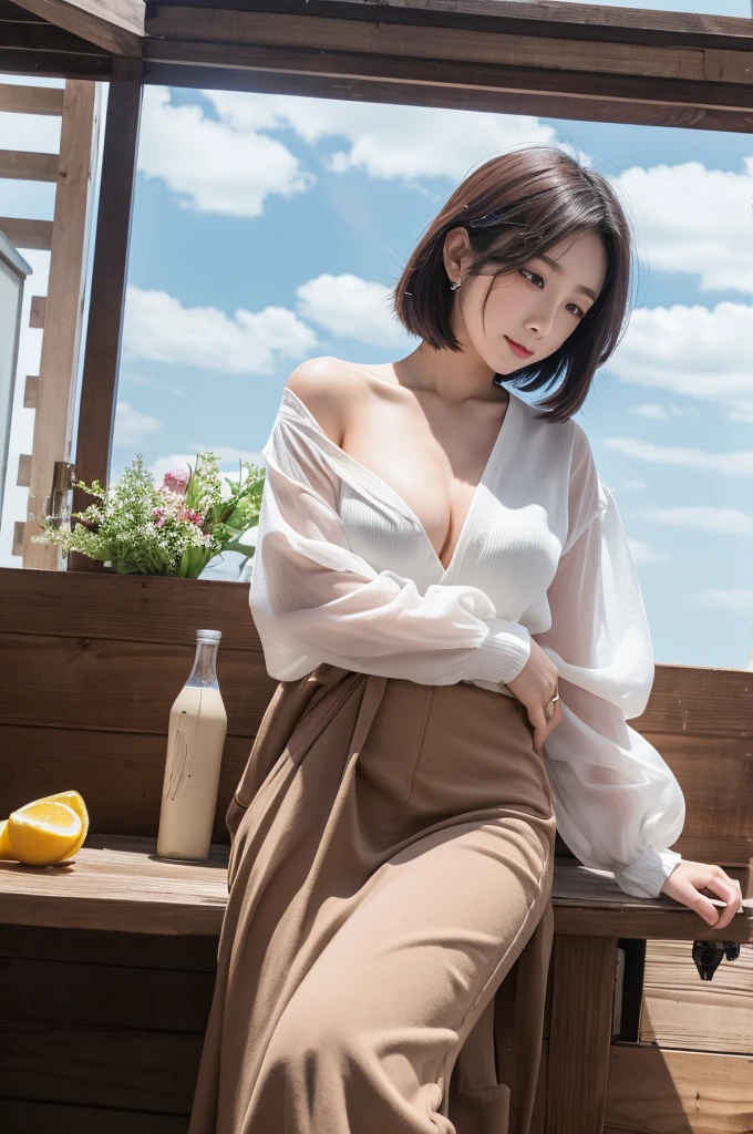 (Highest quality, masterpiece, Photorealistic, Super detailed, Ultra-high resolution, born:1.3), (Two people, cute, Japanese), (smile)、Inverted nipples,((White shirt))、(Chest on the table、Glass table, Breasts on table:1.4),(Put your arms behind your back:1.3)Night Bar