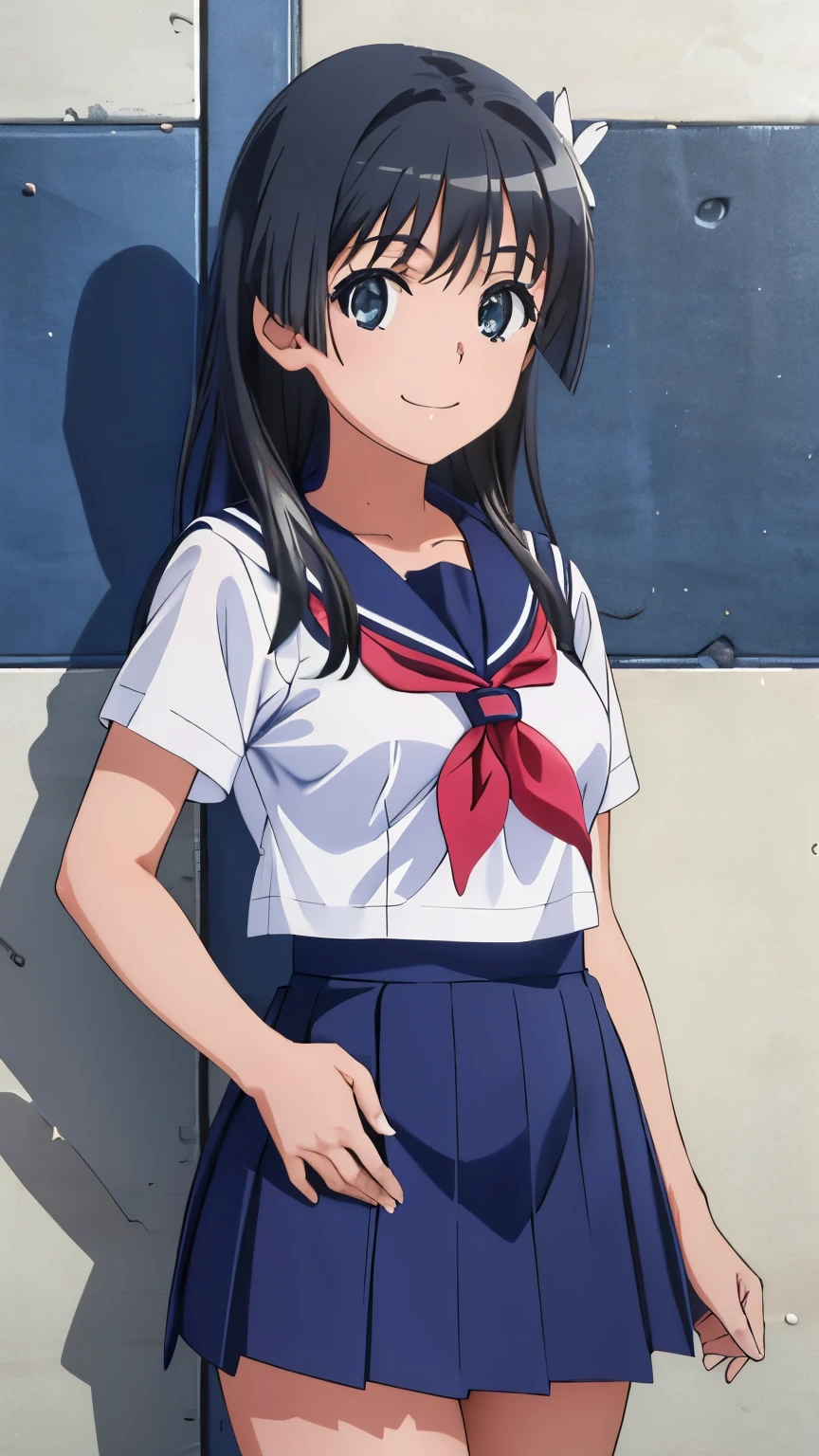 pixel perfect, Perfect in every detail, alone, 1 girl, Saten Ruiko, medium breasts,Sailor suit, Navy blue mini skirt,smile,stylish pose,stylish angle,looking at the viewer,in the center of the image,