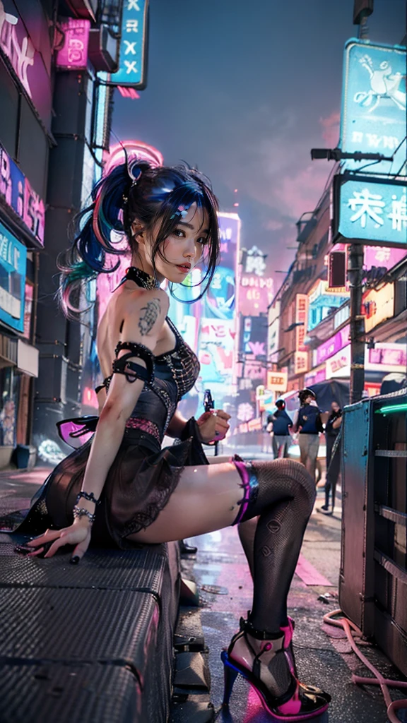 (masutepiece, of the highest quality, Best Quality, Official art, Beautiful and aesthetic:1.2),(1girl in:1.4),Full body,([Pink|Blue] hair:1.5),ighly detailed,(Fractal Art:1.3),(Colorful:1.5),highest details,(Mechanical modification:1.3),(corrected:1.2),Maiden,(A complex mechanical conduit is inserted into the back:1.5),catheter,(Neon background:1.4),(Neon City:1.75),Night,Large breasts,(Gothic_Lolita:1.2),high-heels,(:0.75),makeup,blush,(Cyberpunk:1.4),((Looking at Viewer:1.3)),((Looking back)),Sofia Boutella, brunette, sun burn, Colossal tits, Nikon D850 Film Stock Photography 4 Kodak Portra 400 Camera F1.6 lens rich colors hyper realistic lifelike texture dramatic lighting unrealengine trending on artstation cinestill 800,