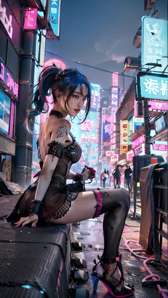 (masutepiece, of the highest quality, Best Quality, Official art, Beautiful and aesthetic:1.2),(1girl in:1.4),Full body,([Pink|Blue] hair:1.5),ighly detailed,(Fractal Art:1.3),(Colorful:1.5),highest details,(Mechanical modification:1.3),(corrected:1.2),Maiden,(A complex mechanical conduit is inserted into the back:1.5),catheter,(Neon background:1.4),(Neon City:1.75),Night,Large breasts,(Gothic_Lolita:1.2),high-heels,(:0.75),makeup,blush,(Cyberpunk:1.4),((Looking at Viewer:1.3)),((Looking back)),Sofia Boutella, brunette, sun burn, Colossal tits, Nikon D850 Film Stock Photography 4 Kodak Portra 400 Camera F1.6 lens rich colors hyper realistic lifelike texture dramatic lighting unrealengine trending on artstation cinestill 800,