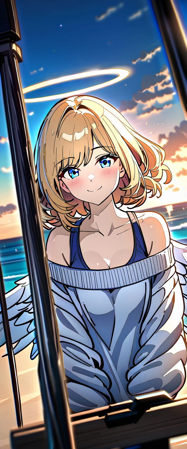 ((flying in the sky)), ((angel, big big white wings:1.3, halo:1.3)), ((sunset)), (((sea, beach))), (((cowboy shot))), archangel Uriel, ((wavy hair, outward curled hair)), evening, ((blond hair, bob cut:1.3)), breasts, ager, (looking at viewer), oversized clothes, puffy long sleeves, collarbone, ((off-shoulder sweater:1.3, Quite thick shoulder straps)), ((white sweater)), collarbone, head tilt:1.3, (((blue eyes))), ((happy smile)), (((anime style))), (best quality, 4K, 8K, highres, masterpiece:1.2, ultra-detailed, ultra-detailed eyes, HDR, uhd, studio lighting, ultra-fine painting, sharp focus, physically-based rendering, extreme detail description, professional, vivid colors, bokeh)