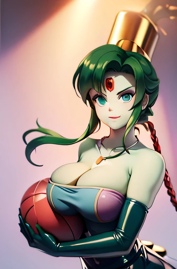 (masterpiece,best quality,ultra-delicate,Perfect Face,16k,high resolution,very beautiful woman), Atsugessho:1.3,deep green hair,blue latex bodycon dress, long latex gloves, green tights, (huge breasts,sensual pose), gold headpiece, pale blue skin, red gem on forehead, pink mist, ((cosmetics counter)), holding large red ball on rope, necklace, smirk, (extremely glossy),cowboy shot