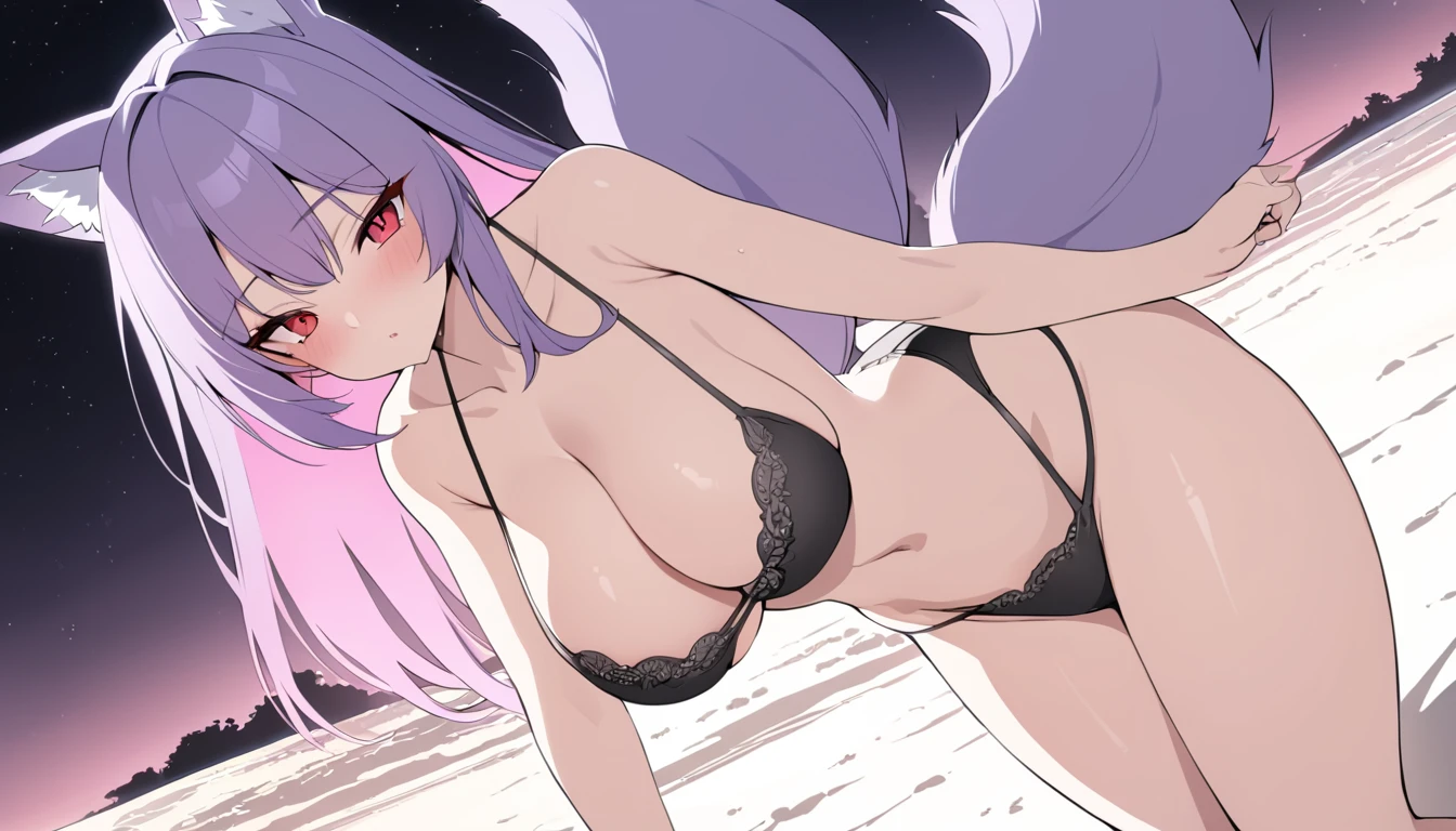 Beautiful foxgirl, large breasts,purple hair with pink highlights tips, masterpiece , red eyes, sexy, anime styled, 2D, mature, dynamic angle, long hair, fox tails, best quality, extremely detailed face, sharp details, high contrast, black bikini, beach, night time, popsicle