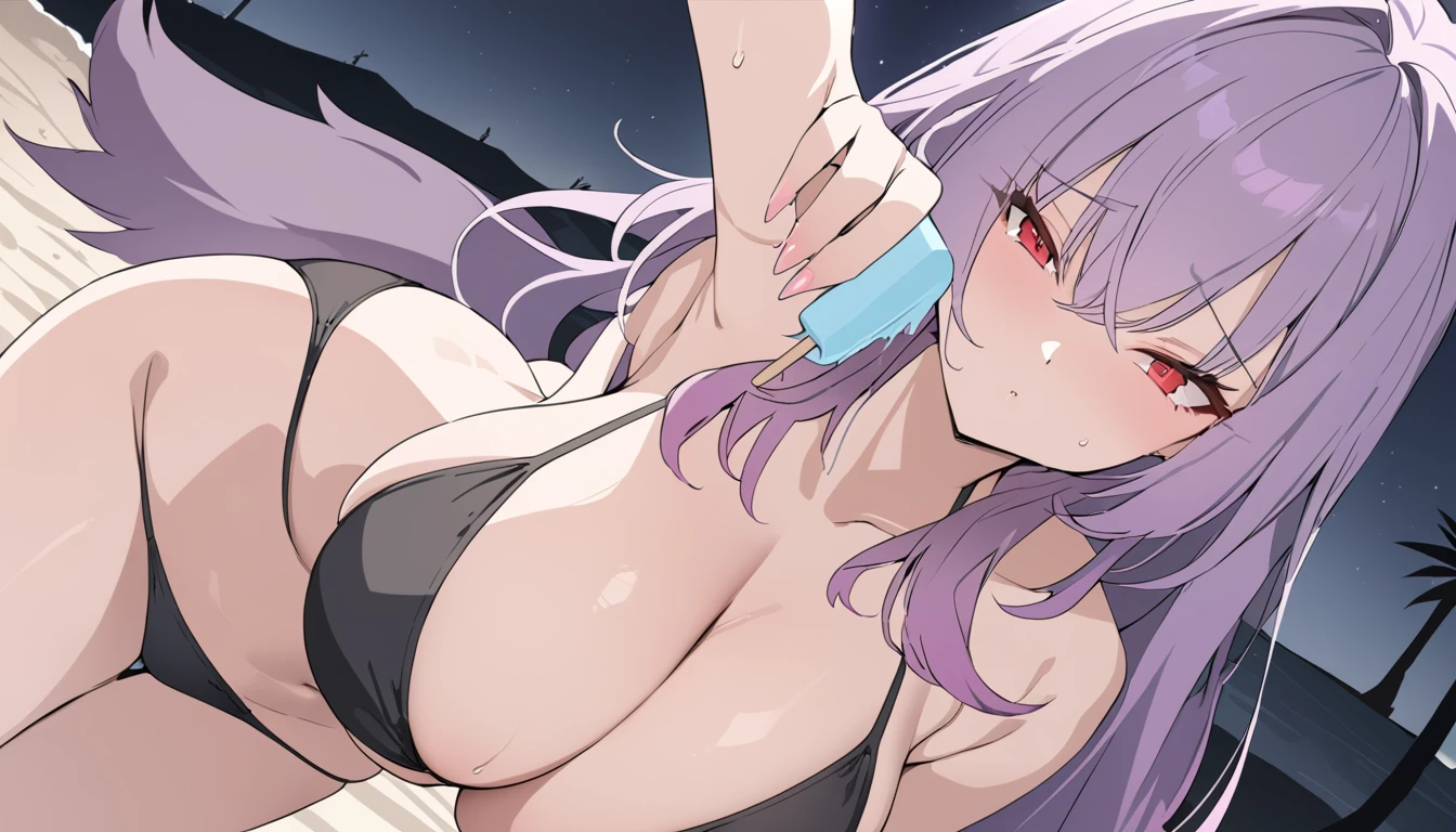Beautiful foxgirl, large breasts,purple hair with pink highlights tips, masterpiece , red eyes, sexy, anime styled, 2D, mature, dynamic angle, long hair, fox tails, best quality, extremely detailed face, sharp details, high contrast, black bikini, beach, night time, popsicle
