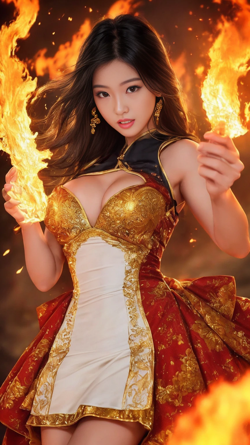 最high quality、high quality、Best image quality、8K、最High resolution、High resolution、最high quality、masterpiece、RAW Photos、whole body写真、Detailed and realistic human body、Detailed and realistic skin、Realistic face in every detail、Detailed and realistic eyes、Detailed and realistic lips、Detailed and realistic teeth、Detailed and realistic ears、Detailed and realistic hair、Realistic reproduction of every detail、((Beautiful Hands(thumb１、reference４))、Realistic feet down to the last detail、((Beautiful Japanese Girl))、(Japanese Model)、 Year old beautiful girl))、(Black Hair)、(Random Hairstyles)、((whole body))、((Slim and perfect figure))、(Beautiful and firm breasts)、(whole body光沢肌、Fair skin)、((Mysterious cloth engulfed in flames(A dress made of fire))、((Burning Dresses))、((The fiery dress shows off her curves.))、Sexy pose