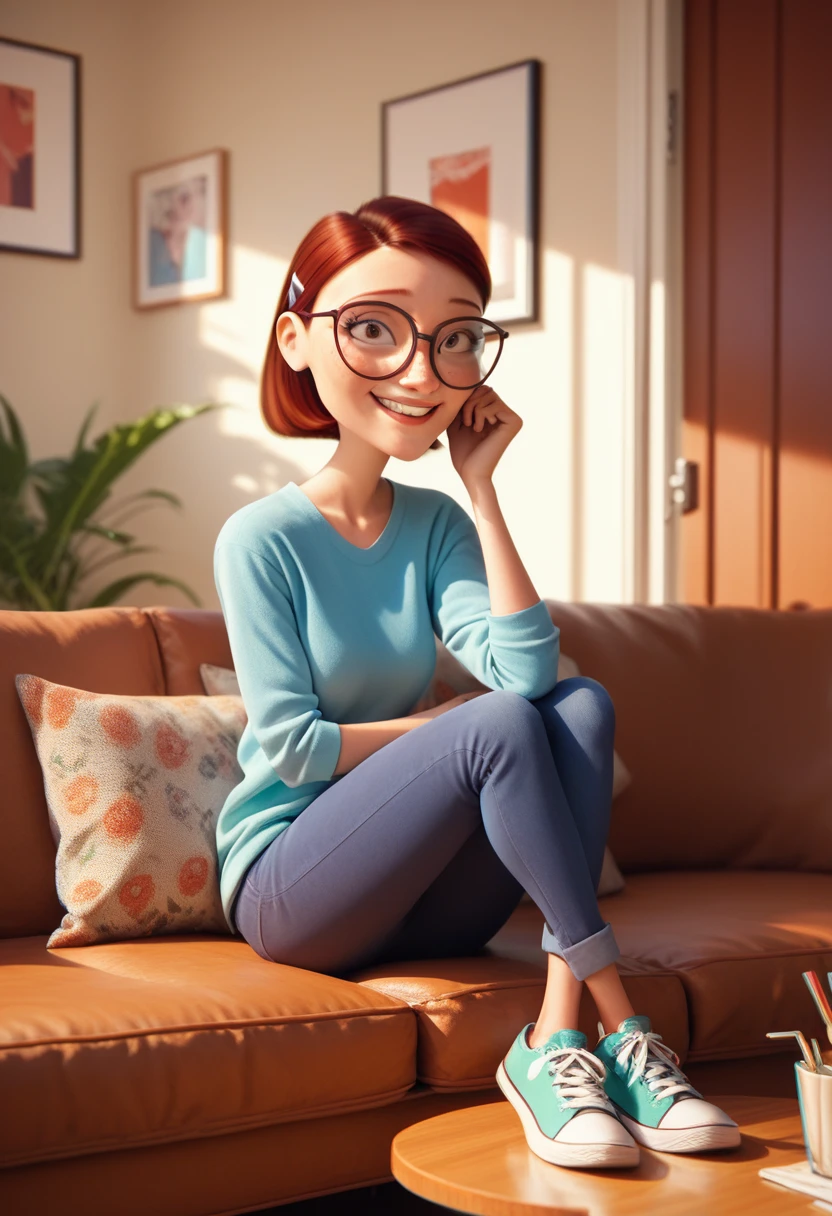 score_9, score_8_up, score_7_up, score_6_up, score_5_up, score_4_up, RioLinda, glasses, Auburn hair, full body, sitting on sofa, smiling,