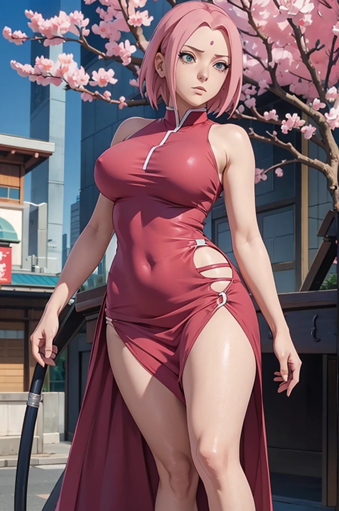Sakura Haruno from Naruto Shippuden, (exposed leg dress), wide hip, muslos grandes, big-, tight dress, sex