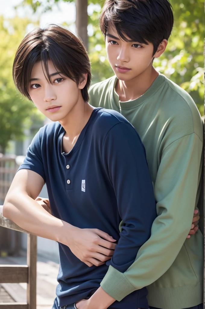a handsome young japanese high school boy in a casual outfit, beautiful detailed eyes, beautiful detailed lips, extremely detailed face and body, slim figure, smooth skin, natural lighting, focus on the face and hands, biological accuracy, two young japanese boys looking at each other with affection, 4k, 8k, high resolution, masterpiece, ultra-detailed, realistic, photorealistic, sharp focus, vivid colors, natural lighting, soft breeze, dynamic pose, youthful energy, charming, main character, magazine cover style