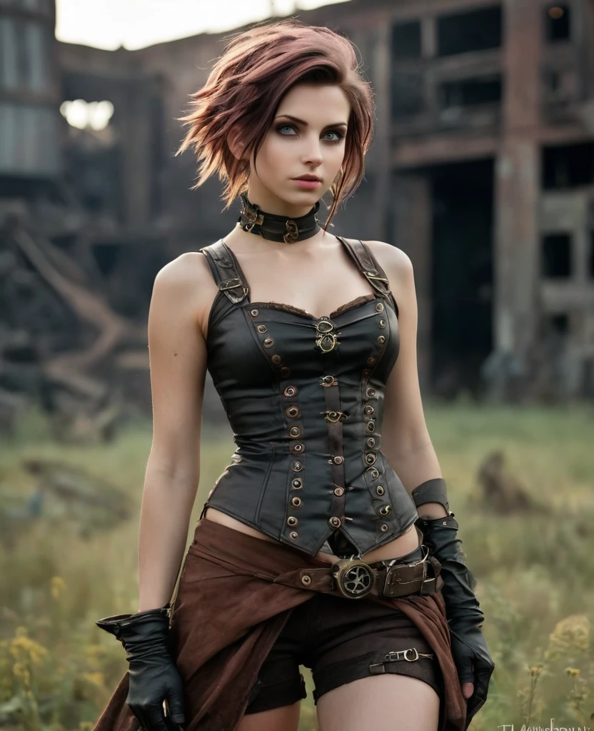 (((high resolution))), (((extremely detailed))), ((masterpiece)), dramatic shadows, depth of field, analog photo style, (world in which are collide steampunk and postapocalyptic vibes), postapocalyptic cute female in steampunk torn dirty clothes, looks like Aerith Gainsborough, depth of field, full body shot, unzoomed, (perfect body: 1.4), (sidecut short hairstyle), (stalking is quite common, although not the best way to make a living), looks interested, stylized atmosphere of unreality, dark aesthetic, dynamic pose, in motion, Armageddon, increase cinematic lighting, highly lifelike skin texture, parted lips, weary eyes, fine eyes, whitened skin, random hair colour, doomsday aura,