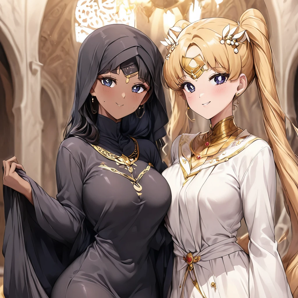 ((Highest quality)), ((masterpiece)), (detailed), （Perfect Face）、The woman is Tsukino Usagi, an Arab and devout Muslim with vivid brown skin, and is in a luxurious Islamic mansion wearing a gorgeous black abaya with gold embroidery, a gorgeous black hijab tightly covering her head, a gorgeous hair ornament, gorgeous jeweled accessories and an engagement ring. The woman and the man are in a luxurious palace, and the woman is embracing a dignified, bearded, middle-aged Arab Muslim man wearing Arab national dress.、The woman is the elegant Tsukino Usagi, with long blonde hair in a chignon twin tail, wearing a black abaya and a gorgeous black hijab tightly covering her body. She is a devout Muslim, bright brown-skinned Arab woman.、（The woman is a dark-skinned, Arab, devout Muslim named Tsukino Usagi.）、The man is a Muslim, dignified, strong-looking, bearded, middle-aged Arab man wearing traditional Arab clothing.