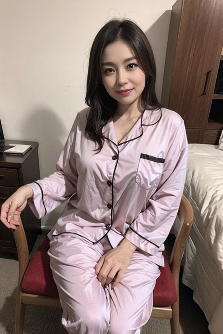 (showing the กางเกง:1.3),Attractive woman is mature,50 years old,1 person,big breasts,(Wrinkles on the face:1.2),light brown hair,long hair,(sitting on a chair,short pajamas:1.2),(From head to thigh),laughter,Masterpiece,Highest quality、Everyone looks different.