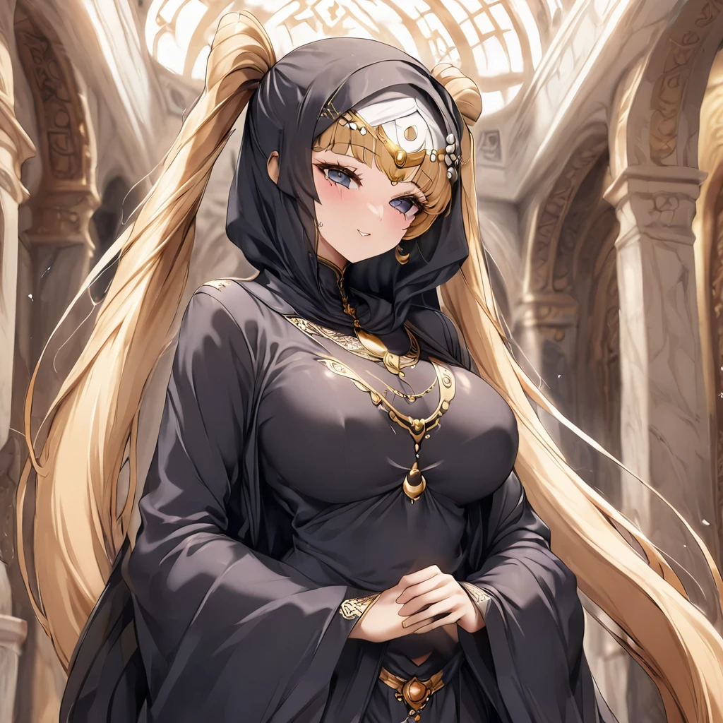 ((Highest quality)), ((masterpiece)), (detailed), (Perfect Face)、Women must wear black hijabs and niqabs、The woman is Tsukino Usagi, a devout Muslim., Arab with bright brown skin, In an Islamic prayer hall、She wears a gorgeous black abaya with gold embroidery.。, A gorgeous black hijab and niqab tightly covers her head, Gorgeous hair ornament, Gorgeous jewellery and engagement rings. The woman and the man are in a luxurious palace, And the woman、Wearing Arab national dress、In an Islamic prayer hall with a dignified bearded middle-aged Arab Muslim man。.、The woman is the elegant Tsukino Usagi, Her long blonde hair was tied in twin tails, Black abaya and、She is wearing a gorgeous, skin-tight black hijab and niqab.. She is a devout Muslim Arab with vibrant brown skin.。.、(The woman was named Tsukino Usagi.、He is a dark-skinned Arab and a devout Muslim.。.)