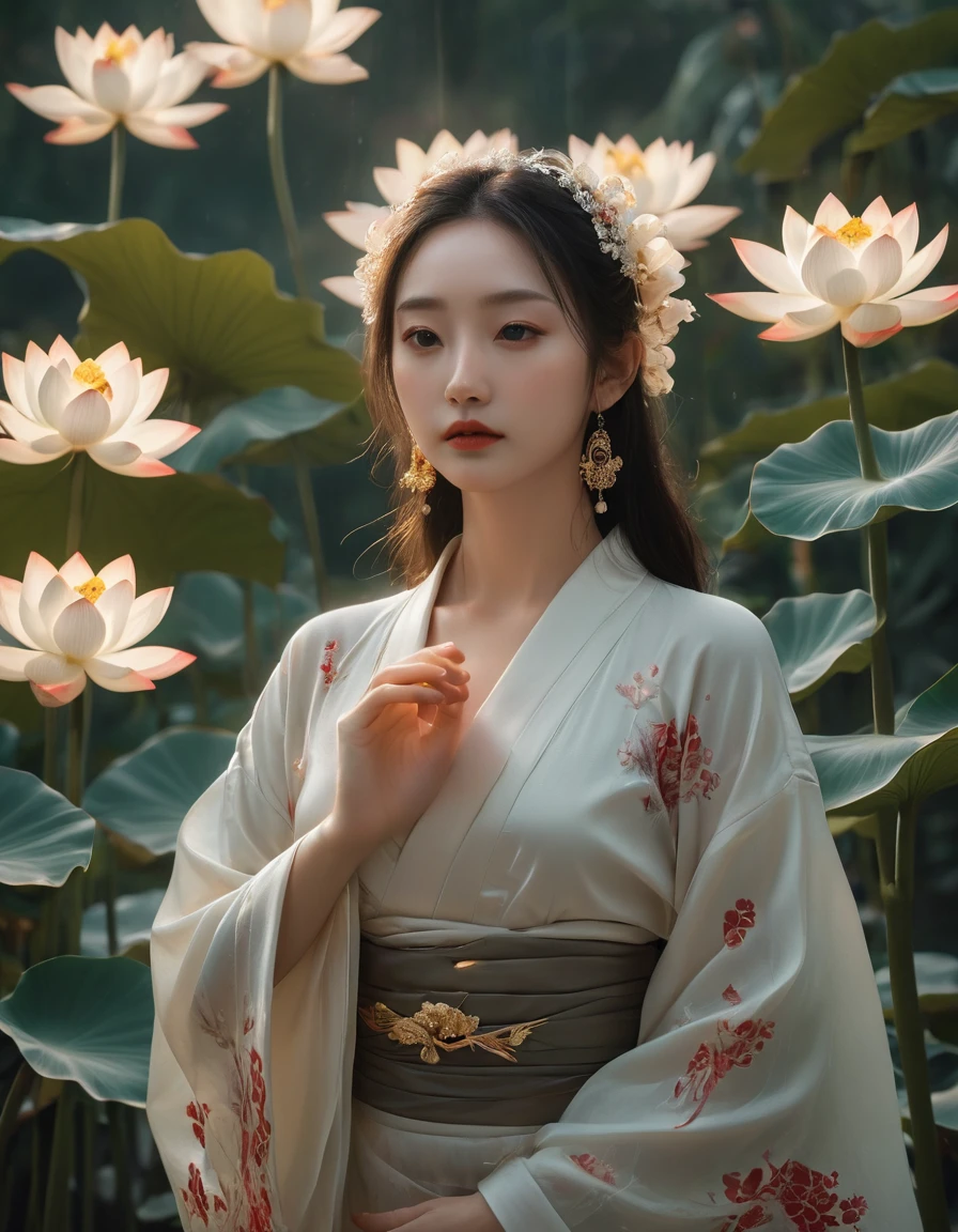 Full-body photo of a courtesan in lotus position,Praying with palms together、Anatomically correct,born, Cinematic shots, (Sharp focus:1.5), (Realistic:1.4), dusk lighting, (Look this way)、(Front facing)、((Less exposed skin)),Volumetric lighting, Ultra-high resolution, 16K,Dramatic lighting, Abstract background:1.5)(Tangleた,Datura stramonium,Holding a heart light in your hand、Tangle,Intertwined:0.7)witch,((Red kimono)), Foxfire spells, conversion, Depth of written boundary, A fantastic atmosphere, The most beautiful form of chaos, Elegance, Fauvist Design Dark Theme, flowers of death, flowers of ecstasy,Glowing Lines,Glow Example,Tracking example,flash, Backlight,translucent,Particles of light,hill,exit