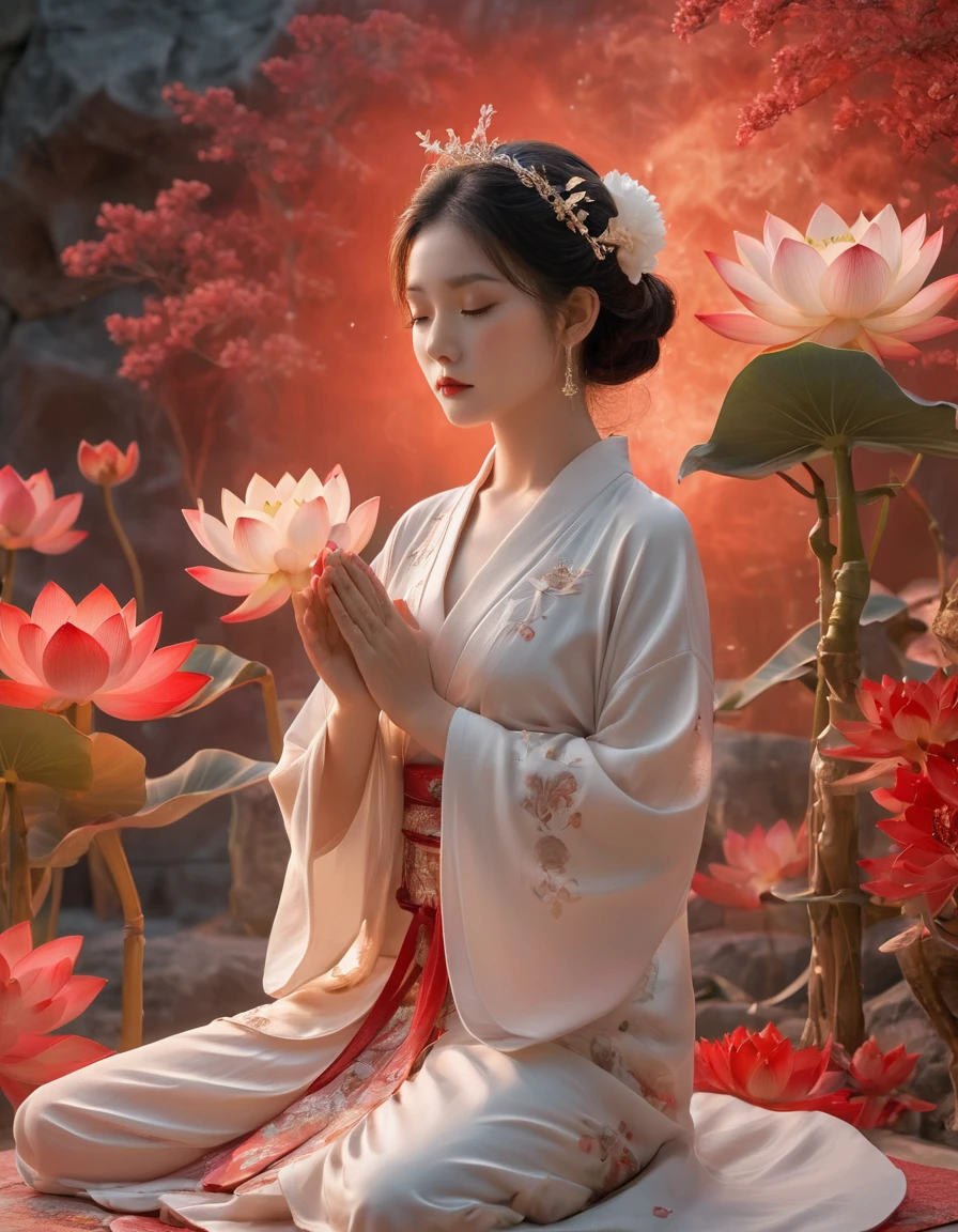 Full-body photo of a courtesan in lotus position,Praying with palms together、Anatomically correct,born, Cinematic shots, (Sharp focus:1.5), (Realistic:1.4), dusk lighting, (Look this way)、(Front facing)、((Less exposed skin)),Volumetric lighting, Ultra-high resolution, 16K,Dramatic lighting, Abstract background:1.5)(Tangleた,Datura stramonium,Holding a heart light in your hand、Tangle,Intertwined:0.7)witch,((Red kimono)), Foxfire spells, conversion, Depth of written boundary, A fantastic atmosphere, The most beautiful form of chaos, Elegance, Fauvist Design Dark Theme, flowers of death, flowers of ecstasy,Glowing Lines,Glow Example,Tracking example,flash, Backlight,translucent,Particles of light,hill,exit