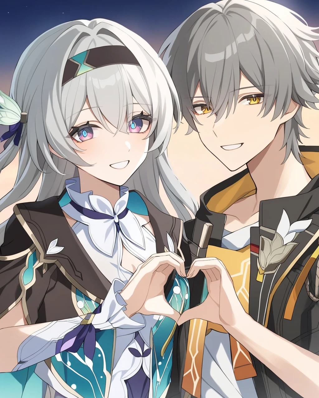 masterpiece,best quality,11boy,1girl,portrait,heart hands,heart hands duo,grin,smile,grey hair,long hair,hair ornament,medium breasts,breasts,caelus \(honkai: star rail\),commentary request,firefly \(honkai: star rail\),hair between eyes,headband,heart,honkai: star rail,honkai \(series\),looking at viewer,purple eyes,raimu \(asarisigimi\),trailblazer \(honkai: star rail\),