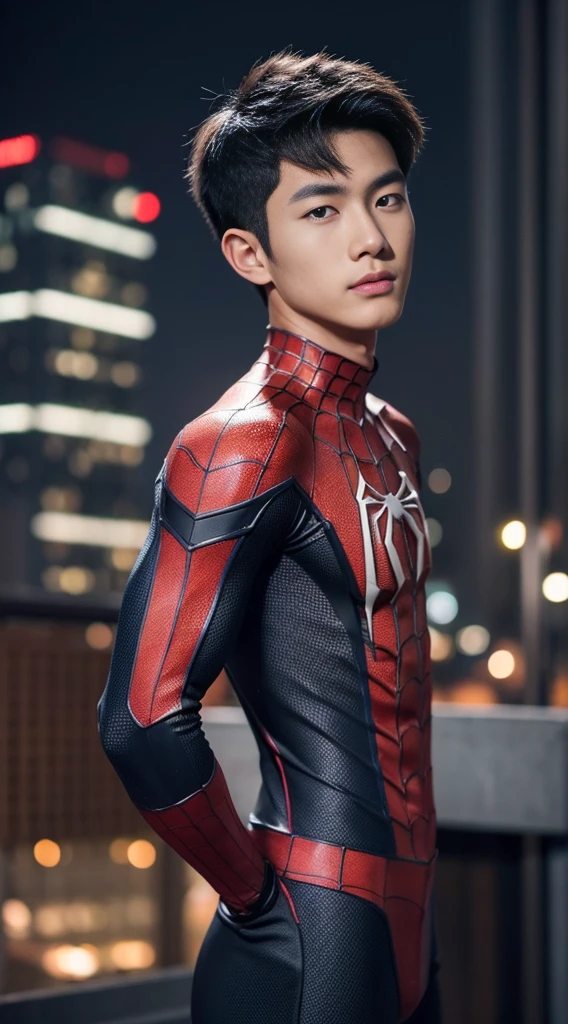 Young Korean boy in a detailed Spider-Man costume., Red and black color scheme :: Highly detailed, แมงมุมที่มีHighly detailed, ดวงตาที่มีHighly detailed, นิ้วที่มีHighly detailed, Take the whole body, Quiv haircut, dynamic poses, Look at the camera, Detailed parts of the face, Manly, nighttime, city scenery, city lights, Detailed city roof background, Monk sex, perfect anatomy, Symmetrical body, Asia, 19 years old, realistic, human skin, short hairstyle, handsome chad chin, handsome, sit, open legs, charming, Be a man, sexually charming, human skin, (Make eye contact), charming, Big hip pants, very good, depth of field, perfect composition, in the middle