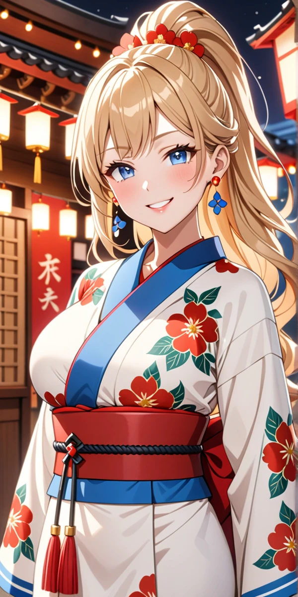 ((one girl)), hyper detailed, absurdres, 8K,Cute face, Beautiful Face, (Laugh shyly), ((teasing smile:1.8)), ((Wink:1.8)), (Laugh with your mouth wide open),(Tilt your head:1.3), View your viewers, ((Bright red cheeks:1.6)),Glossy Red Lips, ((Big Breasts:1.5)) night, Shrine festival stalls, (Brighten your face), ((Anime style background)),masterpiece, Highest quality, so beautiful,Latest, Complex details, (Pink long nails), (nail art), (ring),(bracelet), (Floral Choker),AI-generated, Complex,High resolution, Highest quality, super high quality,3D Images、3D Images,One person,Blonde long hair,(High Ponytail), (Wavy Hair), Anime woman posing for a photo, ((Fine grain、blue eyes、Shining Eyes:1.6)), (Squint your eyes:1.1),a hyperRealistic , hyperRealistic , Realistic,Long blonde anime woman, Smooth anime CG art, Pink large floral patternの刺繍が入った、A girl in a gorgeous kimono, ((White long-sleeved kimono)),(Pink large floral pattern) ,Long flower hair ornament,Floral Earrings,Mature Body, expensive,Abdominal muscles,Tight waist,((Zoom in on face:2.1)), (front view),