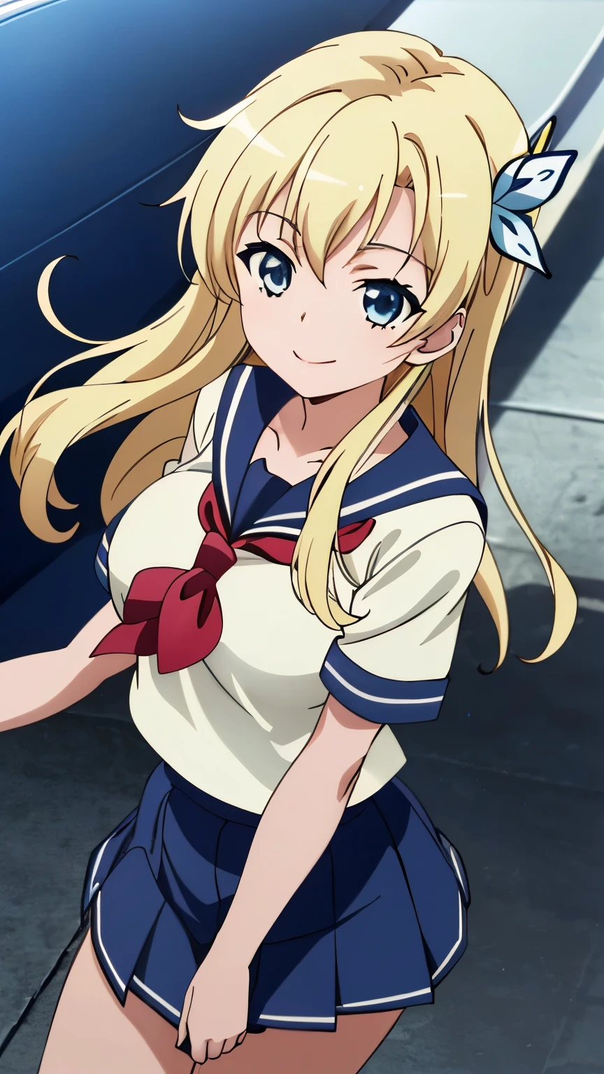 (masterpiece, best quality, 8k:1.2), (anime), sena, long hair, hair ornament, glamour, Large medium breasts, (Sailor suit, Navy blue mini skirt, smile), dynamic angle