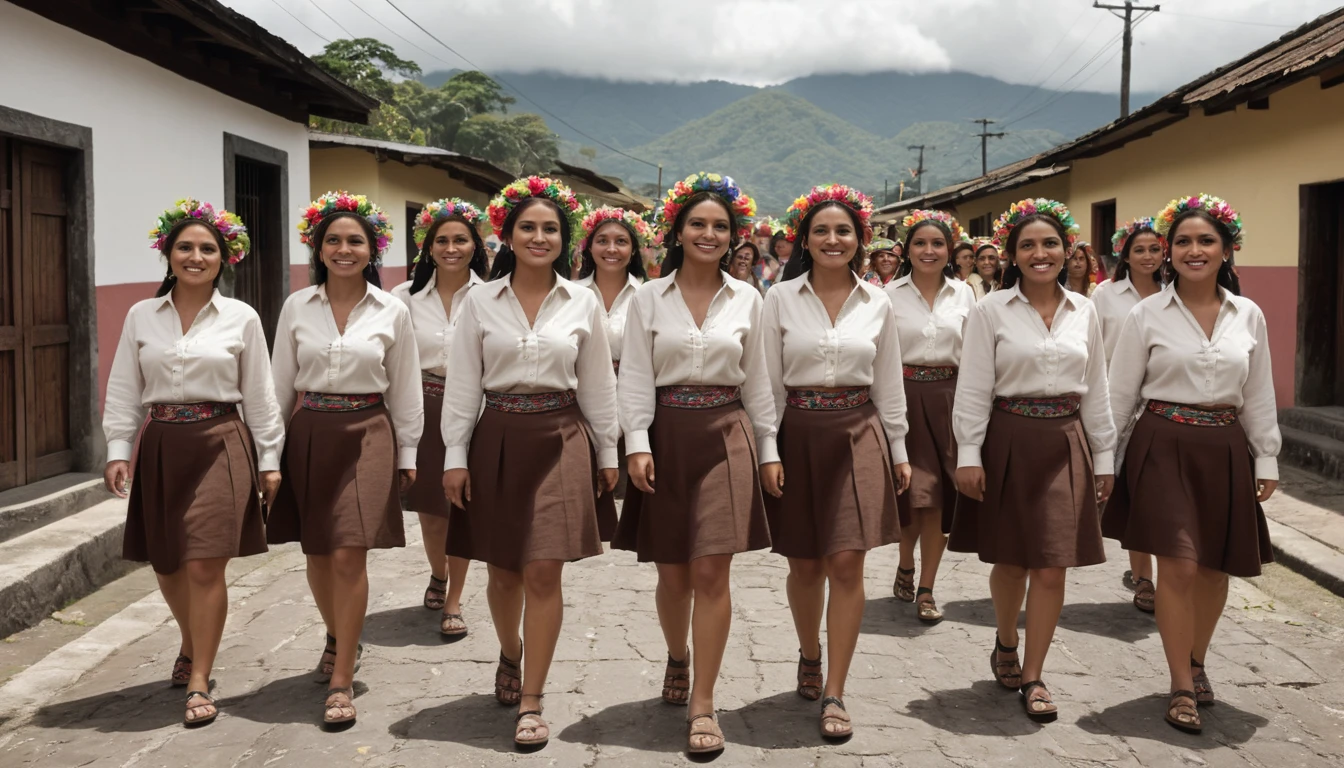 8k, top quality, done: 1.2), (realistic, photo-realistic: 1.37), highly detailed, (7 girls), This realistic image shows a large group of Guatemalan women of short stature, wearing short brown skirts and traditional clothing, walking among traditional guatemalan houses. The women in the image are black and appear to have different ages and short body shapes. The atmosphere of this image looks like a parade or special event involving many female participants. , breasts, beautiful eye details, (traditional clothing: 1.1), ((sexy)), curvy body, (whole body), standing, sexy,