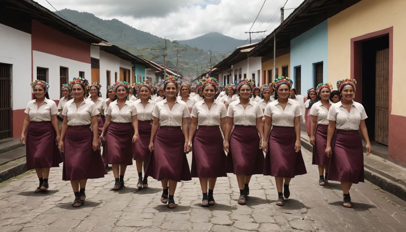 8k, top quality, done: 1.2), (realistic, photo-realistic: 1.37), highly detailed, (7 girls), This realistic image shows a large group of Guatemalan women of short stature, wearing short brown skirts and traditional clothing, walking among traditional guatemalan houses. The women in the image are black and appear to have different ages and short body shapes. The atmosphere of this image looks like a parade or special event involving many female participants. , breasts, beautiful eye details, (traditional clothing: 1.1), ((sexy)), curvy body, (whole body), standing, sexy,