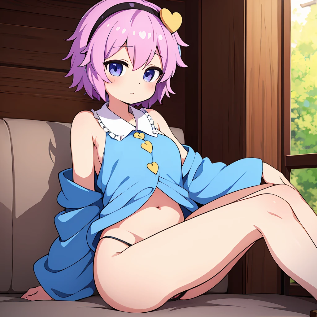 ((Highest quality)), ((masterpiece)), (detailed),  Satori Komeiji short hair middle breasts M-shaped legs Thong sexy Cute face 