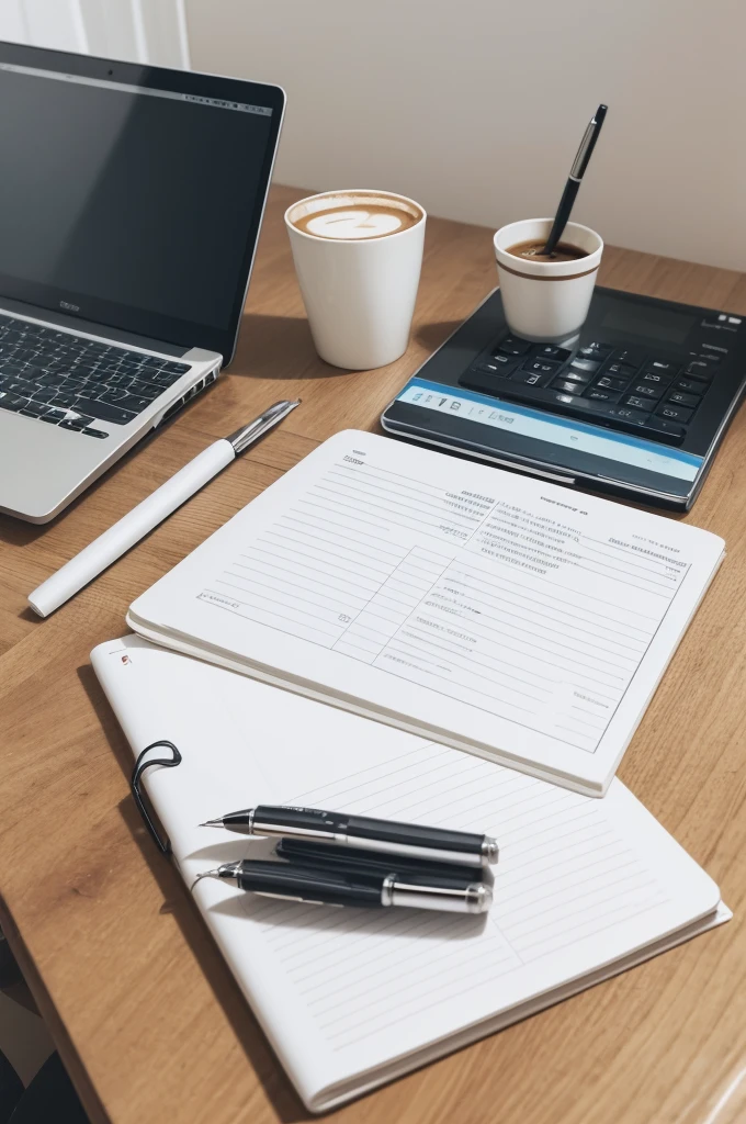 Take a photo of which there is: a white table, on top of it a notebook turned on with graphics on the screen, papers on the table, a cup of coffee, a small photo frame, a prescription glasses, pens and a calculator 