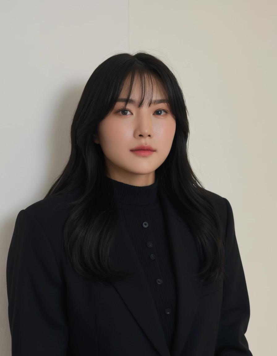Best Quality, 8k, Masterpiece, (Portrait: 1.3), (photo realistic:1.4), (hyper realistic:1.4), Sharp Focus, looking at viewer, (smoother lighting:1.1), (increase cinematic lighting quality:0.9), realistic lighting, backlighting, light on face, ray trace, (brightening light:1.2), (Increase quality:1.4), sharp detail, (best quality real texture skin:1.4), finely detailed eyes, black_eyes, finely detailed face, 25 year old Korean woman, (white formal_shirt:1.4), (Create an image maintaining the original base model hairstyle:1.5)