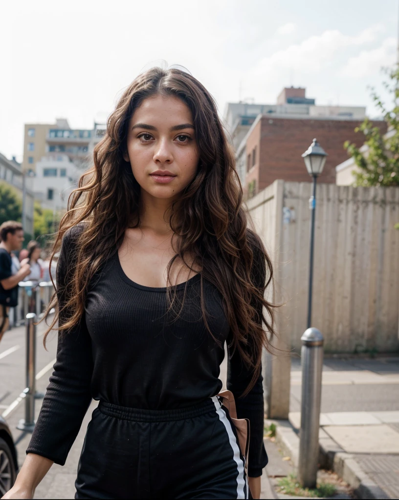 one beautiful woman, oval face, senseful lips, big brown eyes, 30 years old, slim sporty body, middle size breast, outside in a city, 1/2 body, front view, long curly hair, wearing fashionable clothes, clothes are whole and consitant, no text, sunny weather, backgorund blurred, sefie shot, cinematic lighting, motion blur, film grain, very detailed, 19years, natural curly brown hair, dark brown eyes, high-res, masterpiece, best quality, intricate details, highly detailed, sharp focus, detailed skin, realistic skin texture, texture, detailed eyes, professional, 4k, 85mm, shallow depth of field, kodak color vision, perfect fit body, extremely detailed, photo_\(ultra\), photorealistic, realistic, post-processing, maximum detail, roughness, real life, ultra realistic, photorealism, photography, 8k uhd, photography (grain of film) medium shot for closeup shot, longer slimer face, perfect face, long oval lovely face, dark brown eyes, (((VERY CURLY))), deep charming look, deep brown charming eyes, flirty look, perfect face, consistrnt natural arms, consitent whole clothes