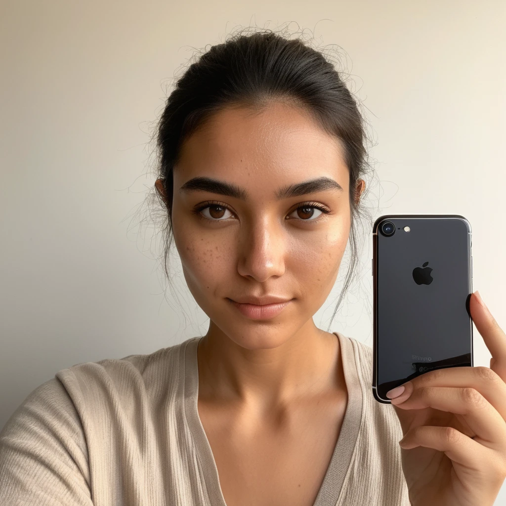 a magnificent young woman in her twenties, with Latino features. She has long, straight black hair that falls loosely over her shoulders. Her face has soft and balanced contours. She has large, well-defined dark brown eyes with long, thick eyelashes and well-arched black eyebrows. His nose is straight and slightly refined, proportionate to his face. Her lips are full and defined, with a natural color, and they are closed, contributing to her neutral expression. Her skin is matte, smooth and without visible imperfections. She is wearing a black t-shirt. She takes a selfie with an iPhone. She holds her credit card clearly visible in her right hand.