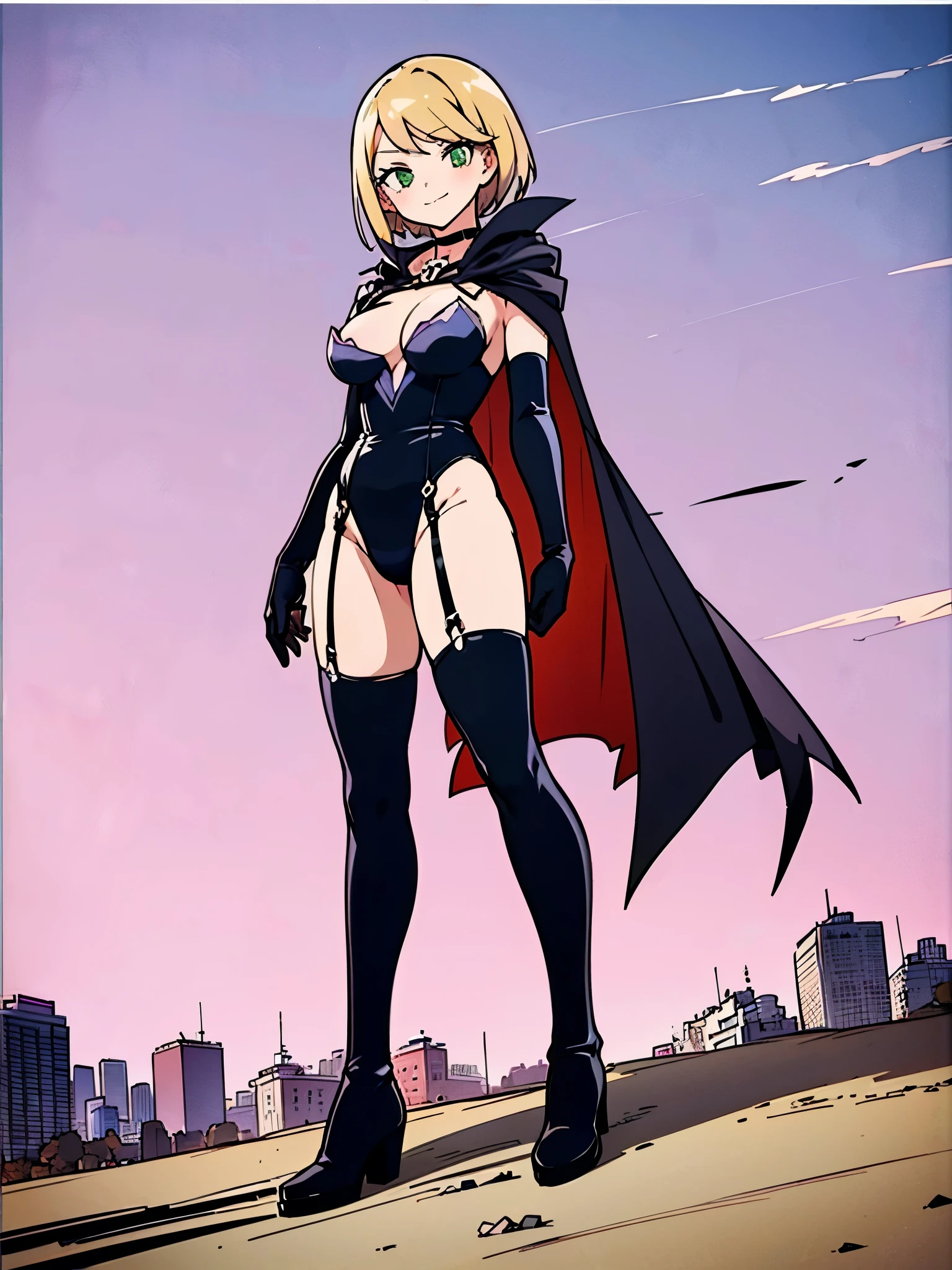 1girl, alone, desumi magahara, short hair, blonde hair, green eyes, black gloves, pink suit with details black, cleavage, big breasts, medium waist, wide hips, medium thighs, round butt, cape, decorations boned, elbow-length gloves, thigh-highs, thigh-high boots, black boots, black suspenders, choker with skull detail, pink leotard with black details, black cape, outdoors, cityscape, leaning, smile, alone, dutch angle , looking at the viewer, from the front, (Full body photography:1.5), perfect antonia, perfect hands, cowboy shot, ((perfect anatomy)), ((perfect hands)), ((perfect face)), ((super detailed)),