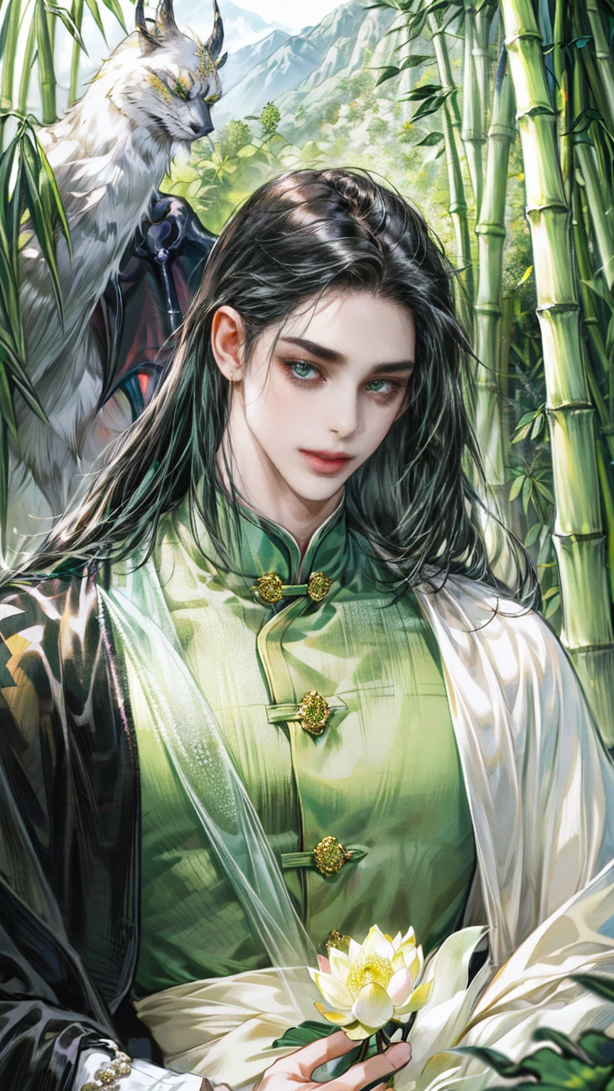 extraordinarily beautiful youth, a bright, innocent smile,All green clothing,(absurdres, highres, ultra detailed, HDR), masterpiece, best quality, (1 boy) , maleficent movie, boy character ,((Thick black long hair)),beautiful face,detailed interior, detailed character,((man)),(lotus Flowers in bamboo forest), black hair,he smile,(white lotus), house  China , beautiful and cute man ,(long black hair),black eyes,((solo man)),(he has a Big eyes, charming lips, slim nose and small face),(slim figures and no muscle),thin boy,slime body, slime  figure ,very long hair 