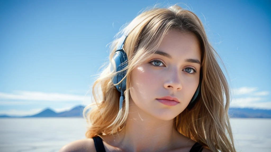 Beautiful blonde with big breasts in a one-piece (Uyuni salt lake、sit),Wearing headphones,Very detailed, 21 years old, Innocent face, Wavy Hair, blue eyes, High resolution, masterpiece, Highest quality, Intricate details, Very detailed, Clear focus, Delicate skin, practical skin texture, texture, Delicate eyes, Professional, 4K, Sad face,despair、 Shot with Canon, 85mm, Shallow and deep,  Kodak Vision Color, Exactly, Very detailed, photograph_\(Extremist\), photographpractical, practical, Post-processing, Maximum details, Roughness, Real Life, Extremist practical, Photorealism, photographgraphy, 8K Ultra HD, photographgraphy