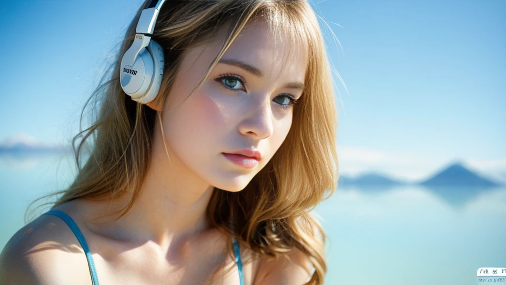 Beautiful blonde with big breasts in a one-piece (Uyuni salt lake、sit),Wearing headphones,Very detailed, 21 years old, Innocent face, Wavy Hair, blue eyes, High resolution, masterpiece, Highest quality, Intricate details, Very detailed, Clear focus, Delicate skin, practical skin texture, texture, Delicate eyes, Professional, 4K, Sad face,despair、 Shot with Canon, 85mm, Shallow and deep, Kodak Vision Color, Exactly, Very detailed, photograph_\(Extremist\), photographpractical, practical, Post-processing, Maximum details, Roughness, Real Life, Extremist practical, Photorealism, photographgraphy, 8K Ultra HD, photographgraphy