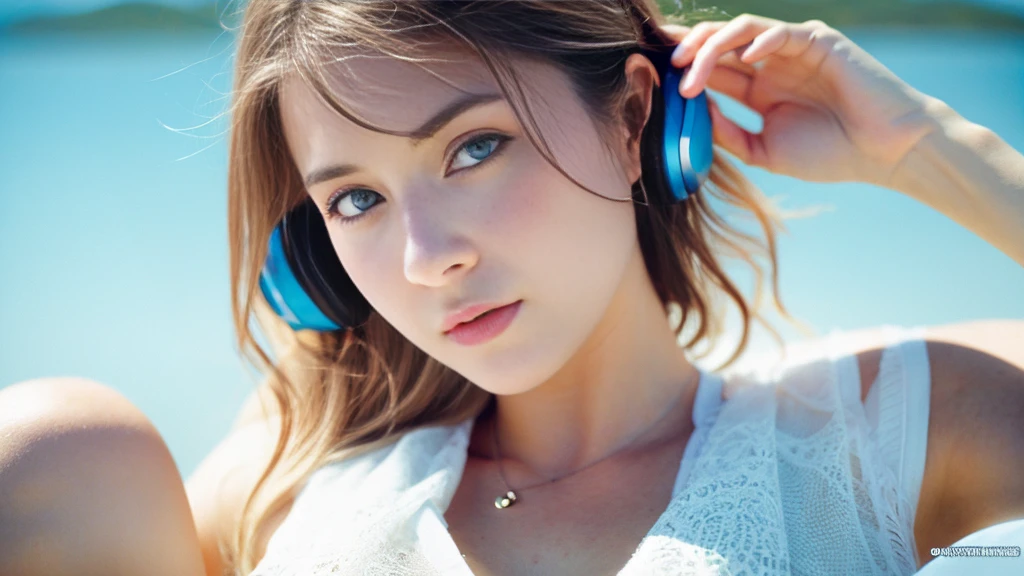 Beautiful blonde with big breasts in a one-piece (Uyuni salt lake、sit),Wearing headphones,Very detailed, 21 years old, Innocent face, Wavy Hair, blue eyes, High resolution, masterpiece, Highest quality, Intricate details, Very detailed, Clear focus, Delicate skin, practical skin texture, texture, Delicate eyes, Professional, 4K, Sad face,despair、 Shot with Canon, 85mm, Shallow and deep, Kodak Vision Color, Exactly, Very detailed, photograph_\(Extremist\), photographpractical, practical, Post-processing, Maximum details, Roughness, Real Life, Extremist practical, Photorealism, photographgraphy, 8K Ultra HD, photographgraphy