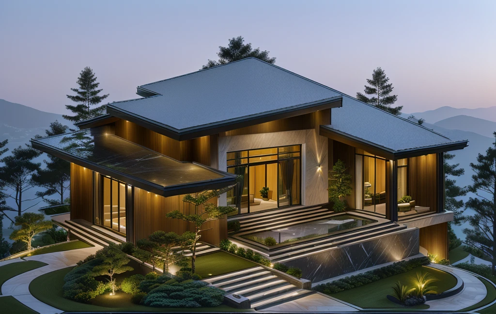 3D render of a beautiful house, Dark, gray tones, white wall. lumion render, night time render, insanely detailed rendering, realistic architecture, architectural visualization. The staircase leading into the house is tiled with black marble and has bright LED lights. Behind are hills and mountains with clear blue sky. The house with a large porch to sit and drink tea and LED lights, there is a large patio with a POOL, pine trees, grass, garden stones, roses, modernism, vivid and detailed, zen garden, lush garden surroundings, residential design, lush landscaping, dense with greenery, pristine and clean design, clean and pristine design. FLOWER GARDEN OF THE HOUSE WITH GREEN TREES AND LIGHTS. The main door is made of black aluminum and glass reaching up to the ceiling. Looking through the glass windows to look inside the house with luxurious interiors with luxurious and warm lights, interior lighting rendering and lighting effects. marble and wood and glass, dark and modern, luxcore render, taken with professional photography techniques, using a wide angle lens with bright natural light and high resolution details, in the style of professional photograph, hyper realistic, highly detailed.