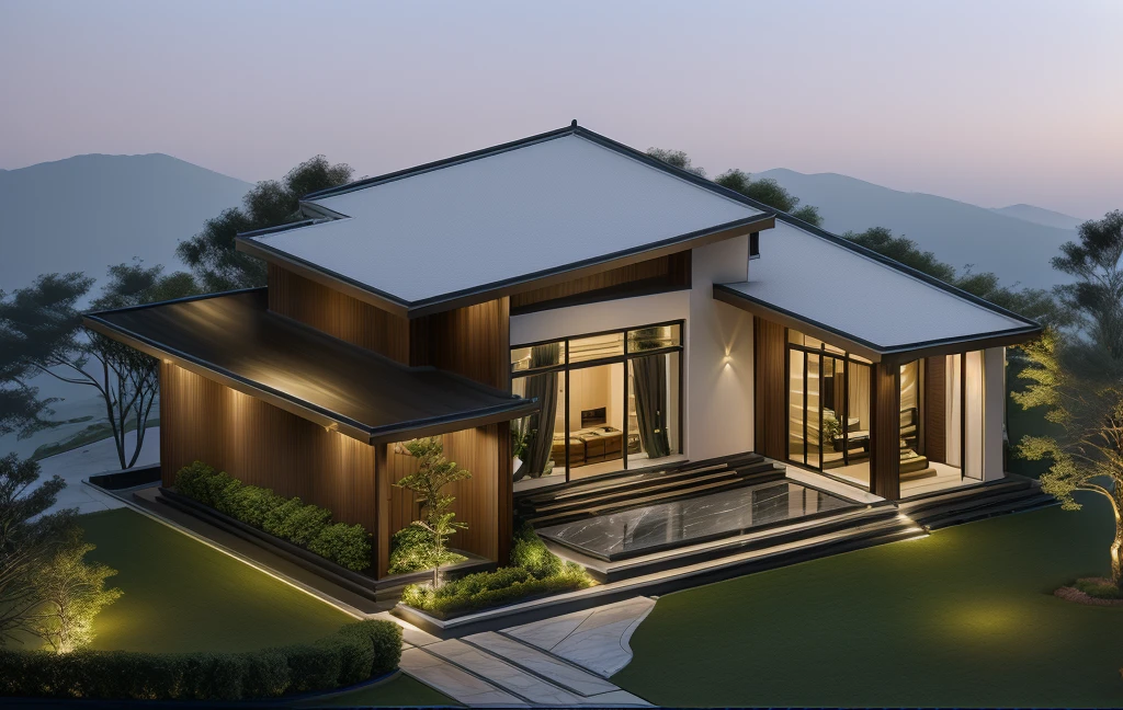 3D render of a beautiful house, Dark, gray tones, white wall. lumion render, night time render, insanely detailed rendering, realistic architecture, architectural visualization. The staircase leading into the house is tiled with black marble and has bright LED lights. Behind are hills and mountains with clear blue sky. The house with a large porch to sit and drink tea and LED lights, there is a large patio with a POOL, pine trees, grass, garden stones, roses, modernism, vivid and detailed, zen garden, lush garden surroundings, residential design, lush landscaping, dense with greenery, pristine and clean design, clean and pristine design. FLOWER GARDEN OF THE HOUSE WITH GREEN TREES AND LIGHTS. The main door is made of black aluminum and glass reaching up to the ceiling. Looking through the glass windows to look inside the house with luxurious interiors with luxurious and warm lights, interior lighting rendering and lighting effects. marble and wood and glass, dark and modern, luxcore render, taken with professional photography techniques, using a wide angle lens with bright natural light and high resolution details, in the style of professional photograph, hyper realistic, highly detailed.