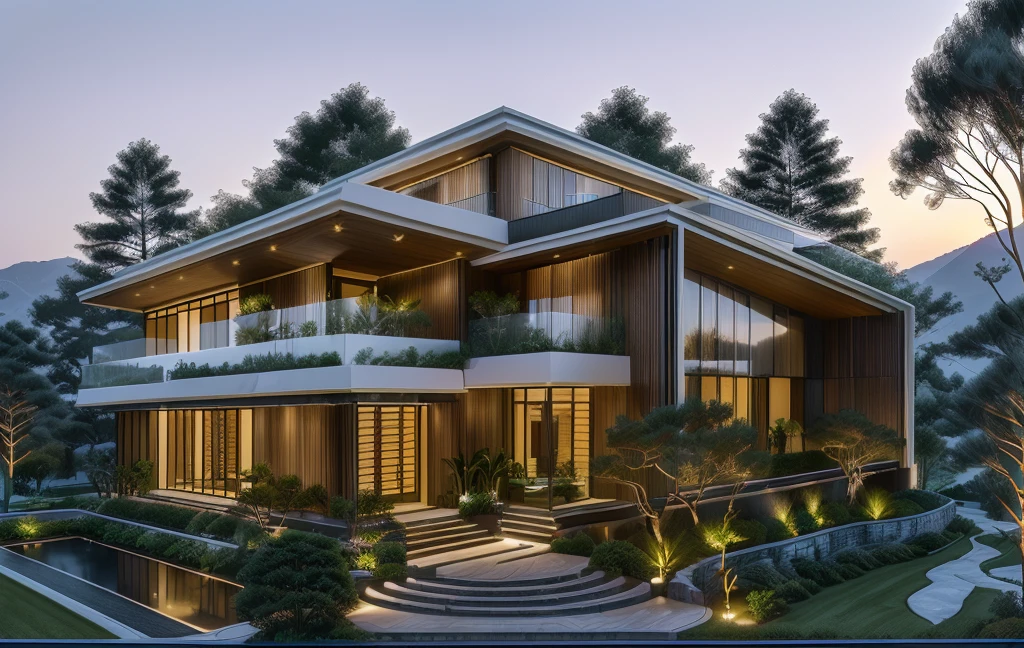 3D render of a beautiful house, Dark, gray tones, white wall. lumion render, night time render, insanely detailed rendering, realistic architecture, architectural visualization. The staircase leading into the house is tiled with black marble and has bright LED lights. Behind are hills and mountains with clear blue sky. The house with a large porch to sit and drink tea and LED lights, there is a large patio with a POOL, pine trees, grass, garden stones, roses, modernism, vivid and detailed, zen garden, lush garden surroundings, residential design, lush landscaping, dense with greenery, pristine and clean design, clean and pristine design. FLOWER GARDEN OF THE HOUSE WITH GREEN TREES AND LIGHTS. The main door is made of black aluminum and glass reaching up to the ceiling. Looking through the glass windows to look inside the house with luxurious interiors with luxurious and warm lights, interior lighting rendering and lighting effects. marble and wood and glass, dark and modern, luxcore render, taken with professional photography techniques, using a wide angle lens with bright natural light and high resolution details, in the style of professional photograph, hyper realistic, highly detailed.