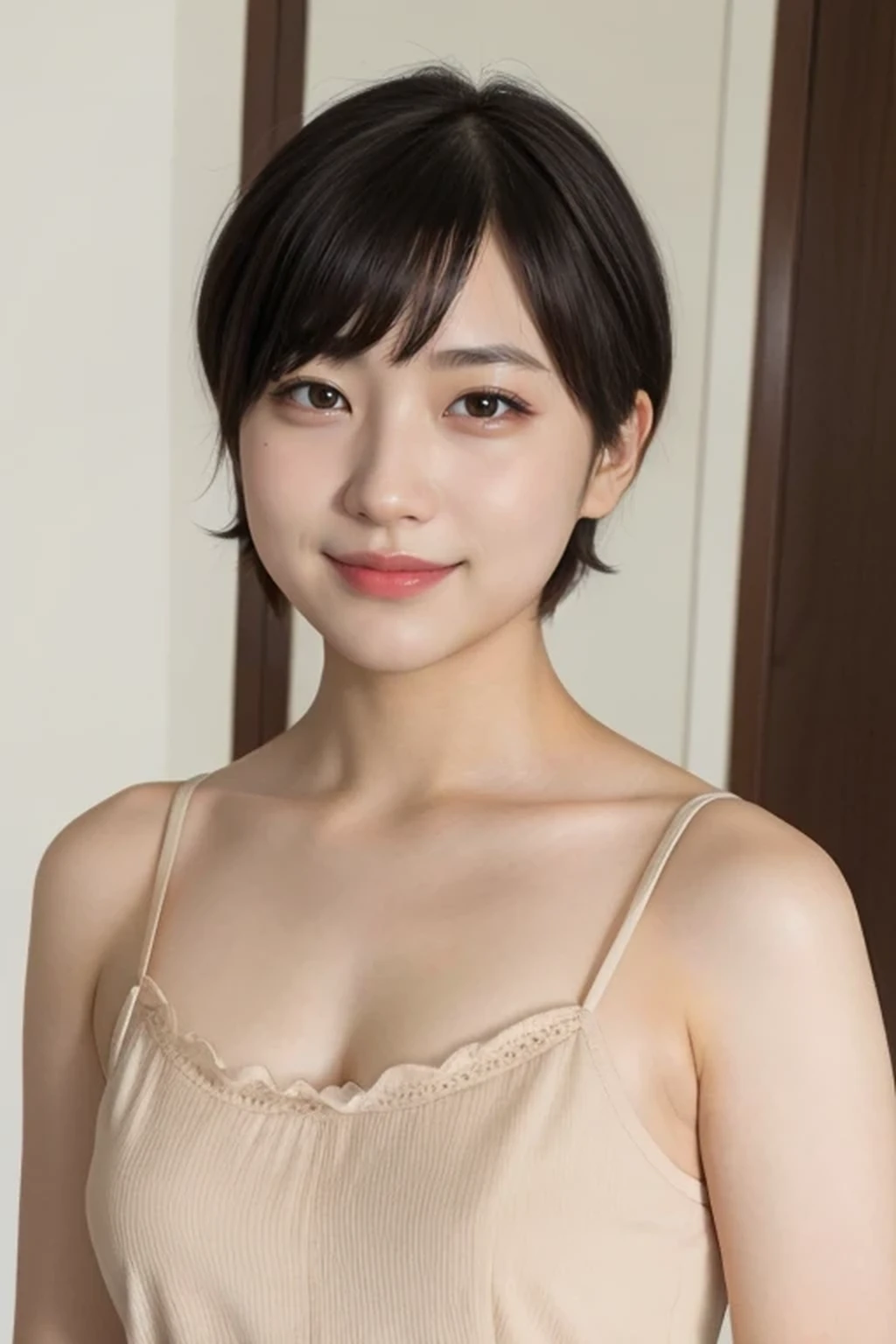 bedroom,(camisole:1.2), cleavage,hair ornament, side-tie panties, wariza, one girl, , 8k, RAW photo, best quality, masterpiece, realistic, photo-realistic, clear, professional lighting, BREAK, no makeup face, smile, (short cut hair:1.2), black eyes, black hair