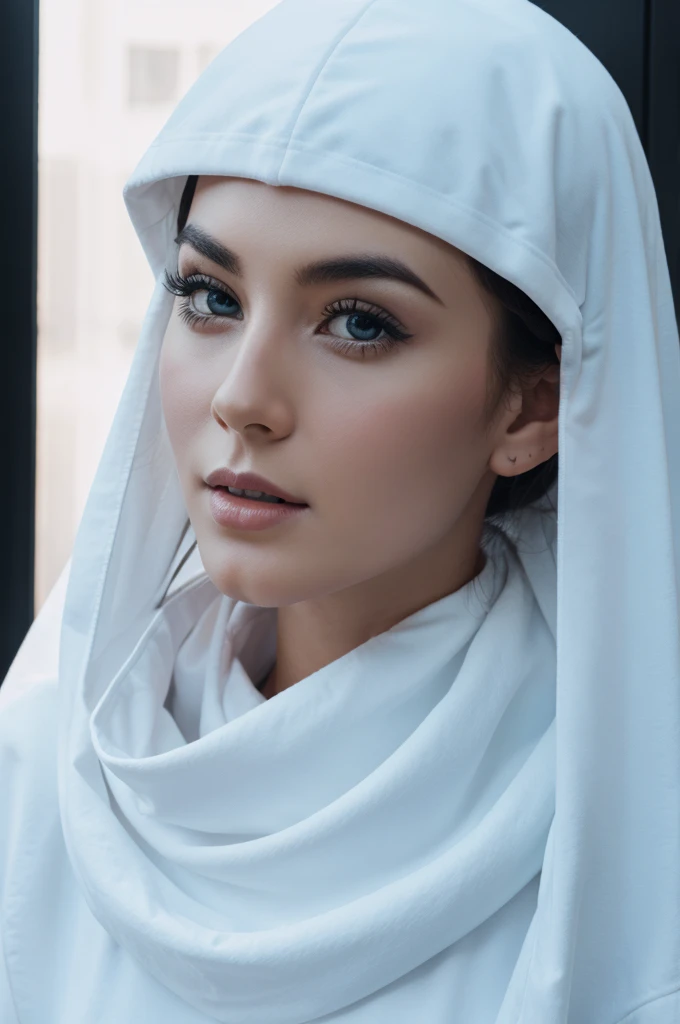  girl in a white transparent hijab in a dark room. Scharfer Fokus, Professionell, fotorealistisch, ultra realistisch, Fotorealismus,Silhouette Licht,fein detailliert,best quality long torso, Leuchtende Augen, blasse Haut, realistisch, schmale Taille, Narrow hips. mascara, (detailed beautiful delicate face, detailed beautiful delicate eyes, Ein Gesicht mit perfekten Proportionen, best ratio four fingers and a thumb, Arme unter der Brust, very small breasts, Glatte Taille, white cyberpunk fashion, (sehr Jung), Highlight des Gesichts, Upper body very slim, detailliertes Gesicht, white skin, Big blue eyes, bladerunner2049 -zimmer, Professionelle Beleuchtung, rote neon beleuchtung von links, blaue neon beleuchting von rechts. tear robe,15 year oldgirl, White and blue outfit