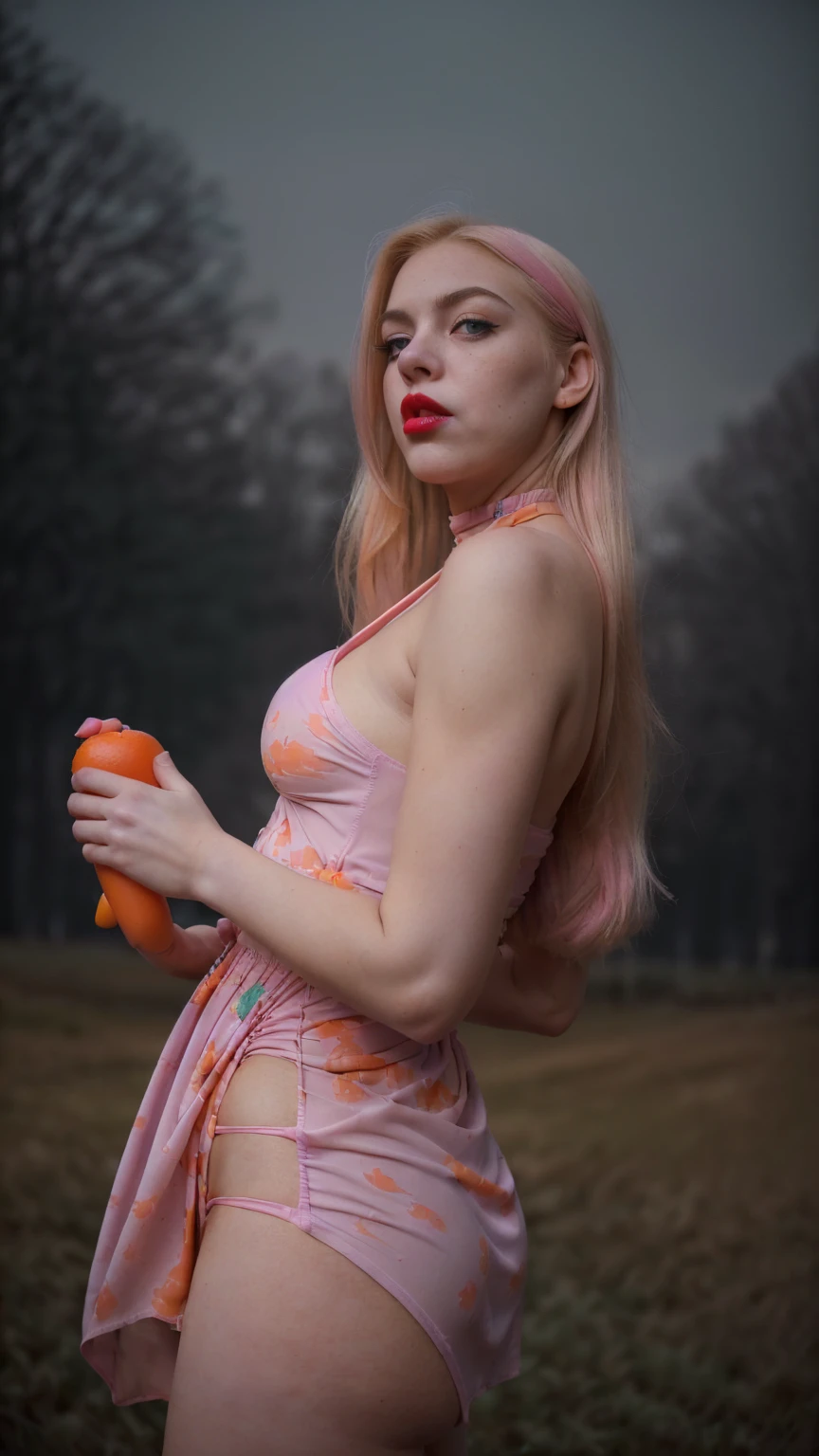 Cinematographic still, backlight is shining over her body, depth of field, high resolution, reflection light, bokeh, Realism, 8K. Solo. amidst the shadows of a dimlit mountain at night, (18yo, curvy girl, bold eyebrows, blue eyes, soft makeup, puffy lips(bold coral-lips), long straight blonde decolored hair(slicked back-hair), porcelain skin(very pale skin), wide hips, large breasts, perfect hands, perfect fit legs). Dressed in a CONTRASTANT sheer OUTFIT(Shes capturing attention in lush green surroundings), ((Dressed in a strapless minidress(Tangerine-orange/Deep-Purple colors, print bodycon, tube-dress, accents her large bust, and highlights her waist))), with a plastic-bag, and a choker. Pout face expression, Silent screams as she searches,*Portrait Orientation**: Holding the camera vertically to focus more on her face or upper body(Emphasizing facial expressions OR details in her outfit). Curvy girl is captured in an asymmetrical pose(She is holding a plastic bags in her hands), The scene is captured on a faded film reminiscent of a 70mm(photo from decades past). The colThe photograph captures the cold and foggy of the night(with its Sad atmosphere and the sense that something oppressive is about to unfold). A subtle haze and a soft focus on the background enhance the quality of the image, (backlighting), Horror movie effects, ((CLOSE UP SHOT, FOCUSING IN BOLD PINK-LIPS)), FROM THE BELOW VIEW