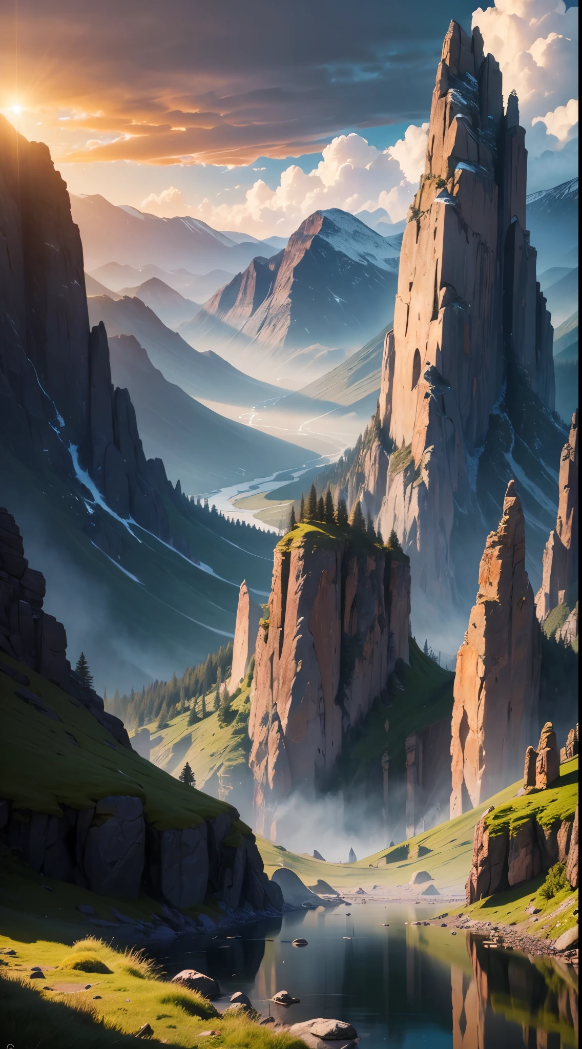 Enter a deep valley, surrounded by majestic rocky mountains full of vegetation that rise to the sky. The atmosphere is dense and gloomy, as if an imminent storm is about to fall. The air is fresh and charged with a mysterious energy. Despite the sunset, casting its pale rays over the scenery. These rays penetrate through the thick clouds, creating a soft, ethereal illumination. The reflections of the sun on the walls of the mountains, creating a breathtaking view. The Rocky Mountains extend in all directions, forming an imposing and unchanging landscape. Its irregular, jagged shapes are enhanced by the golden reflections of the sun, creating a dramatic contrast between light and shadow. Looking around, you notice that the valley is dotted with small streams that wind between the rocks. The crystal clear water shyly reflects the sun's rays, creating a magical and mysterious sensation. Silence envelops the room, only broken by the distant sound of the wind howling between the crevices of the mountains. The wild and unspoiled nature of these mountains conveys a sense of serenity and power at the same time. As you move through the valley, the sunlight gradually changes, creating an ever-changing atmosphere. The reflections on the walls of the mountains glow and disappear as the clouds move in the sky, providing a dynamic and unique experience. Get ready to marvel at the mystical beauty of the Rocky Mountains as the sun lends its light to create a dazzling, mystery-filled setting --auto