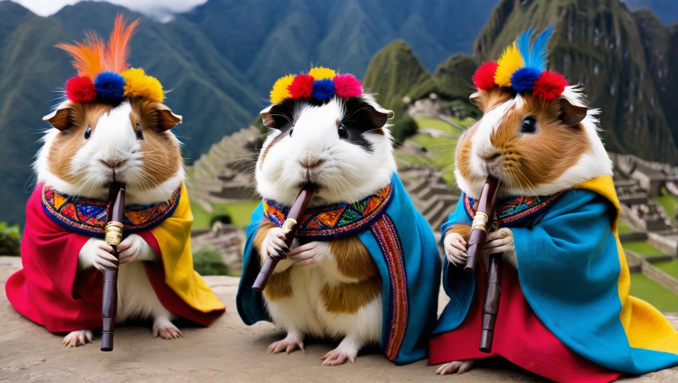 photo of fluffy guinea pigs playing flute in traditional Peruvian clothes at Machu Picchu, funny, chaotik, award winning masterpiece, hilarious
