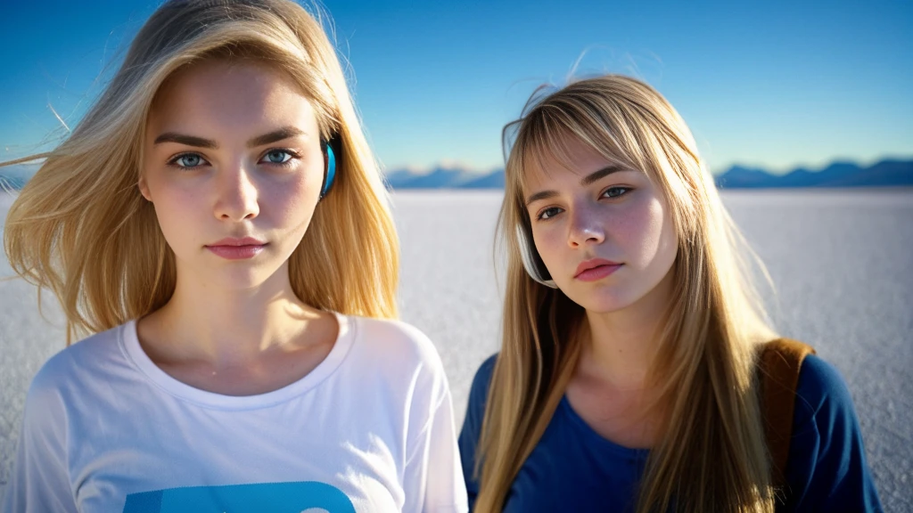 Beautiful blonde with big breasts in a T-shirt (Uyuni Salt Flats at night、walk),Wearing headphones,Very detailed, 21 years old, Innocent face, Long Straight Hair, blue eyes, High resolution, masterpiece, Highest quality, Intricate details, Very detailed, Clear focus, Delicate skin, practical skin texture, texture, Delicate eyes, Professional, 4K, Sad face,despair、 Shot with Canon, 85mm, Shallow and deep,  Kodak Vision Color, Exactly, Very detailed, photograph_\(Extremist\), photographpractical, practical, Post-processing, Maximum details, Roughness, Real Life, Extremist practical, Photorealism, photographgraphy, 8K Ultra HD, photographgraphy